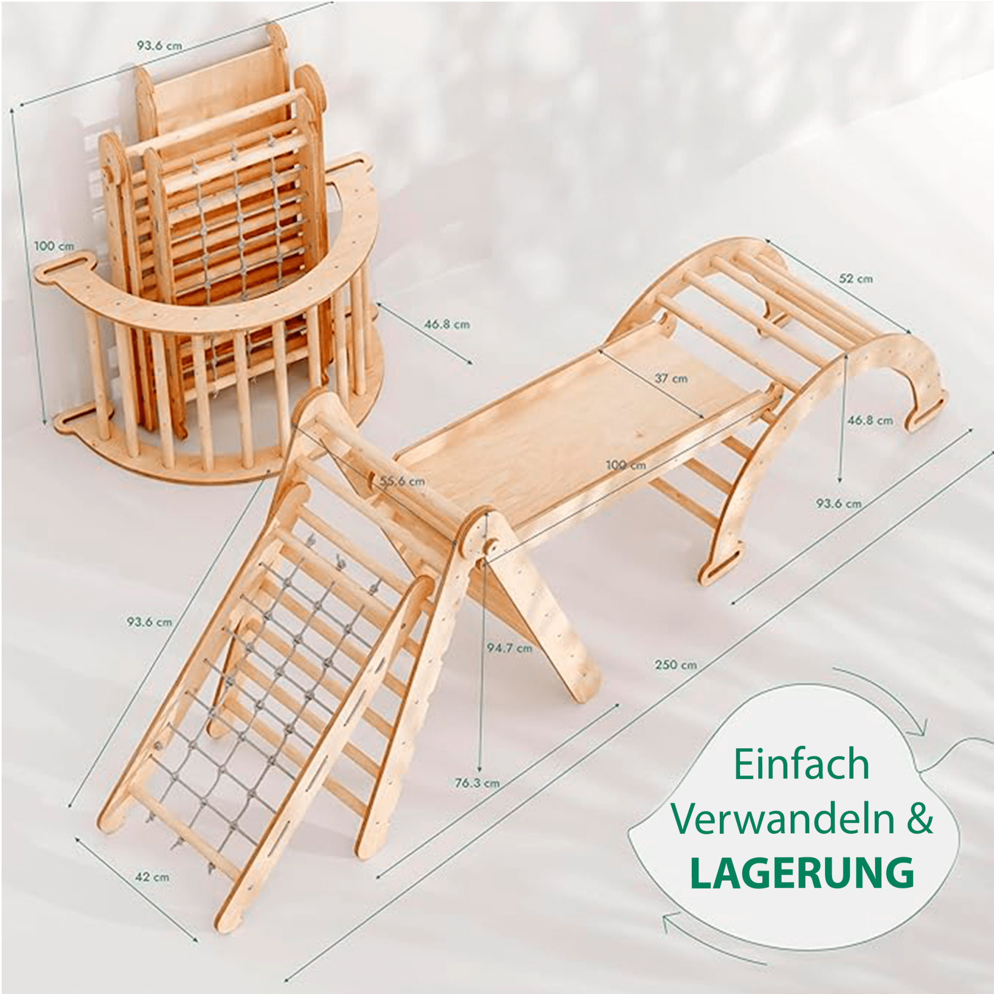 4in1 Montessori Klettergerüst Set: Kletterdreieck mit Rutsche, Kletterbogen, Kletternetz, für Kinder 1-7 Jahre – Beige