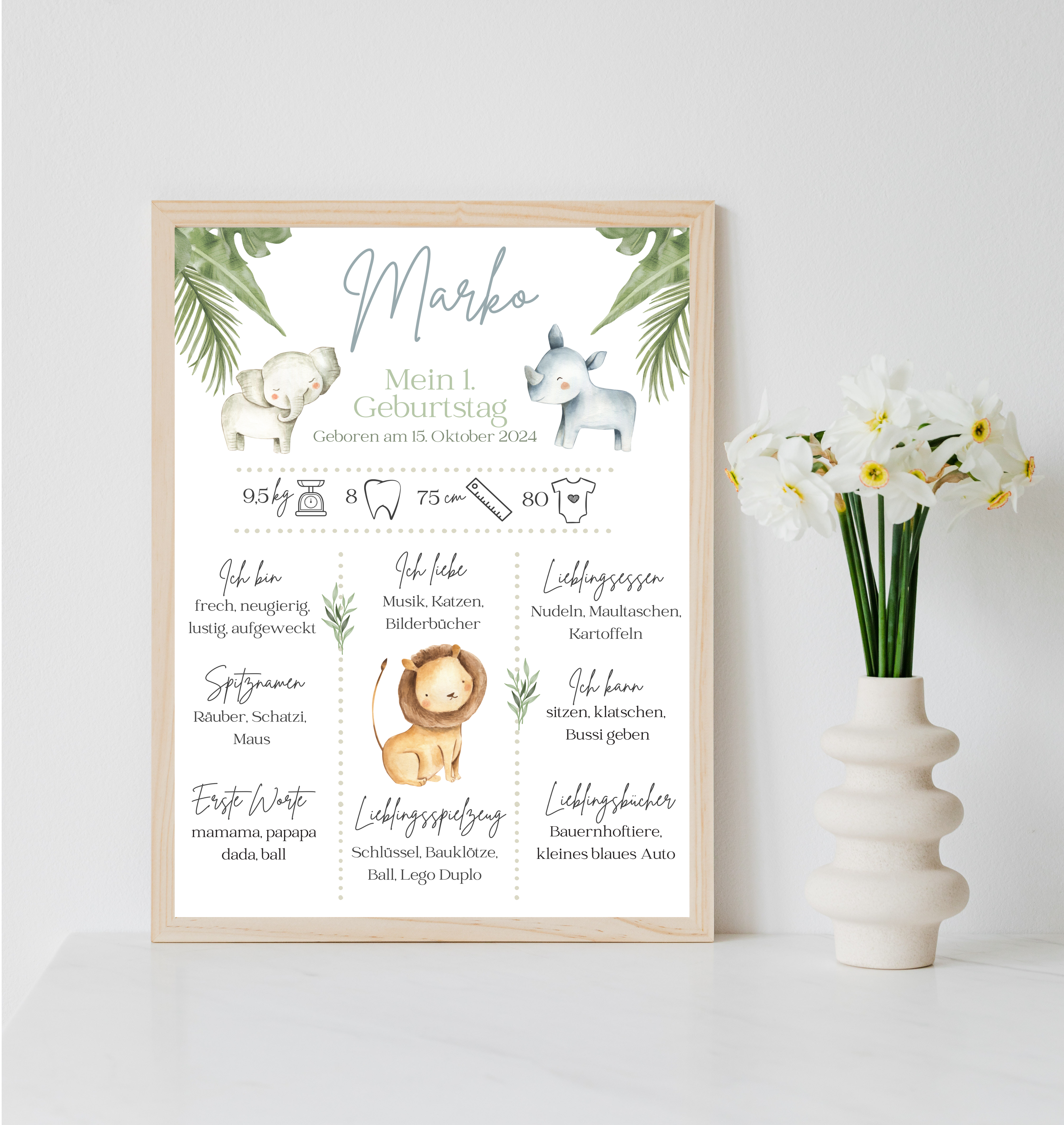 Personalisiertes Meilensteinposter zum ersten Geburtstag mit Safari Tiere als PDF Datei, ausgedruckt A4 oder mit Premium Bilderrahmen