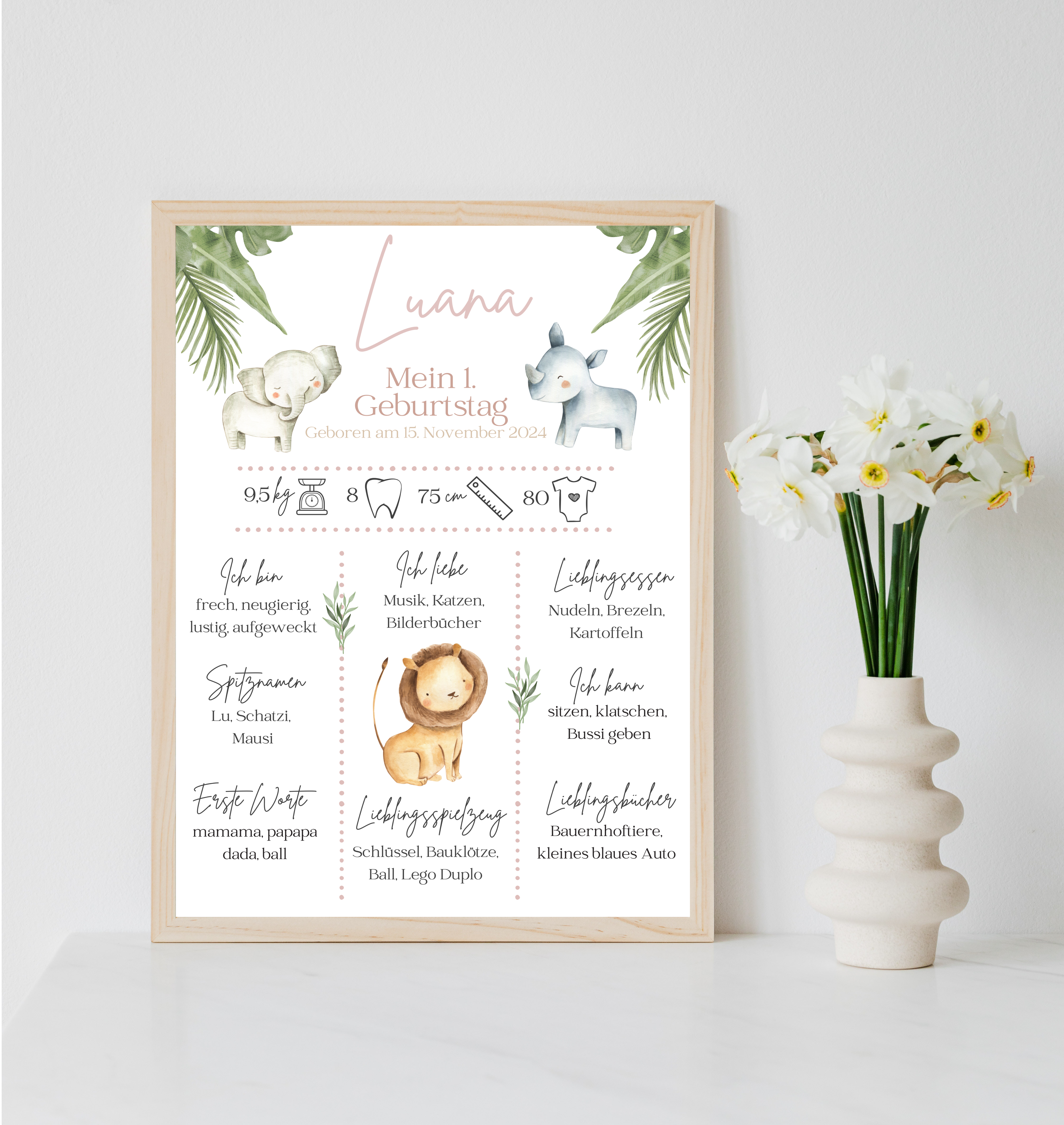 Personalisiertes Meilensteinposter zum ersten Geburtstag mit Safari Tiere als PDF Datei, ausgedruckt A4 oder mit Premium Bilderrahmen