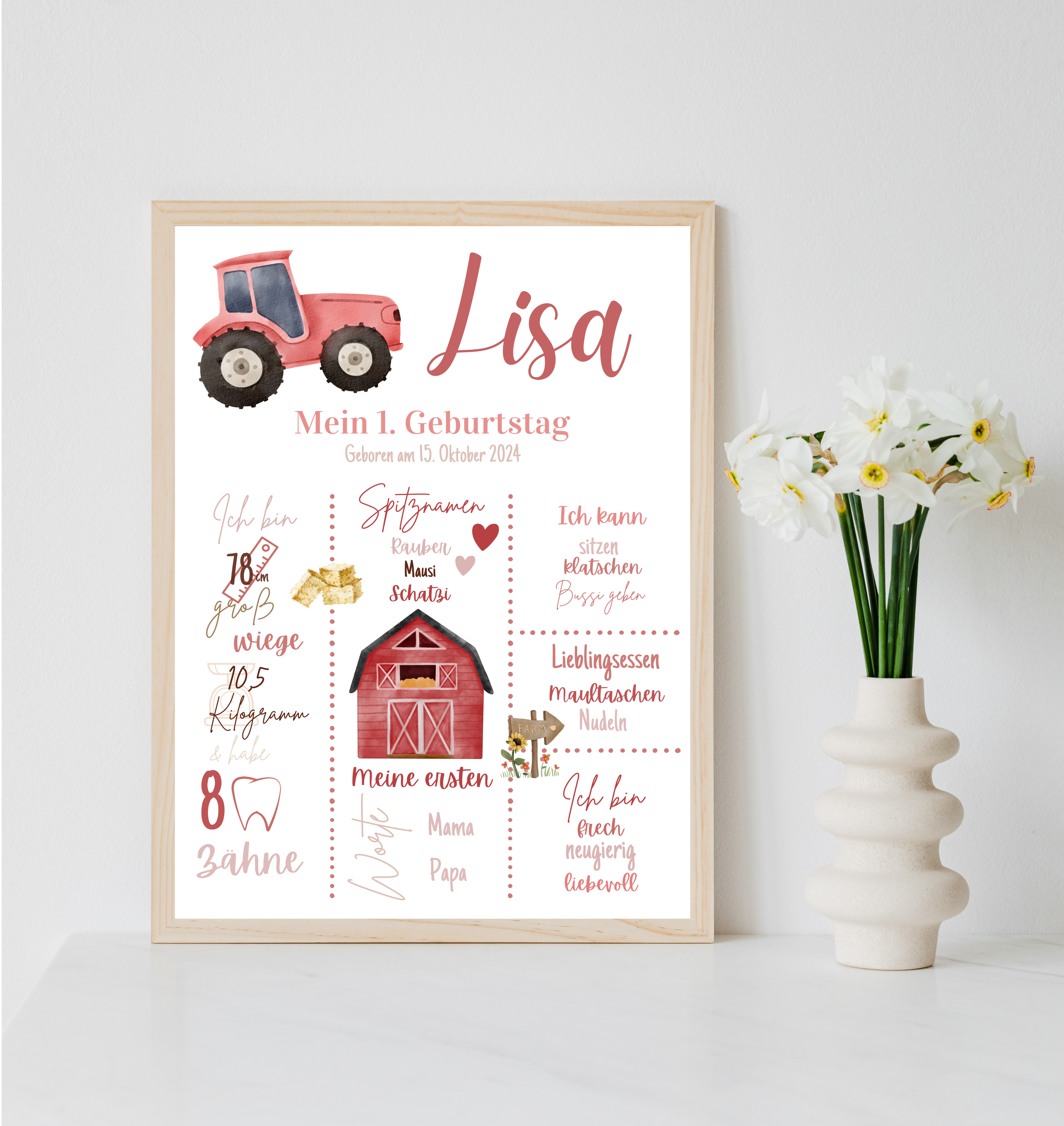 Personalisiertes Meilensteinposter zum ersten Geburtstag Bauernhof als PDF Datei, ausgedruckt in A4 oder mit Premium Bilderrahmen