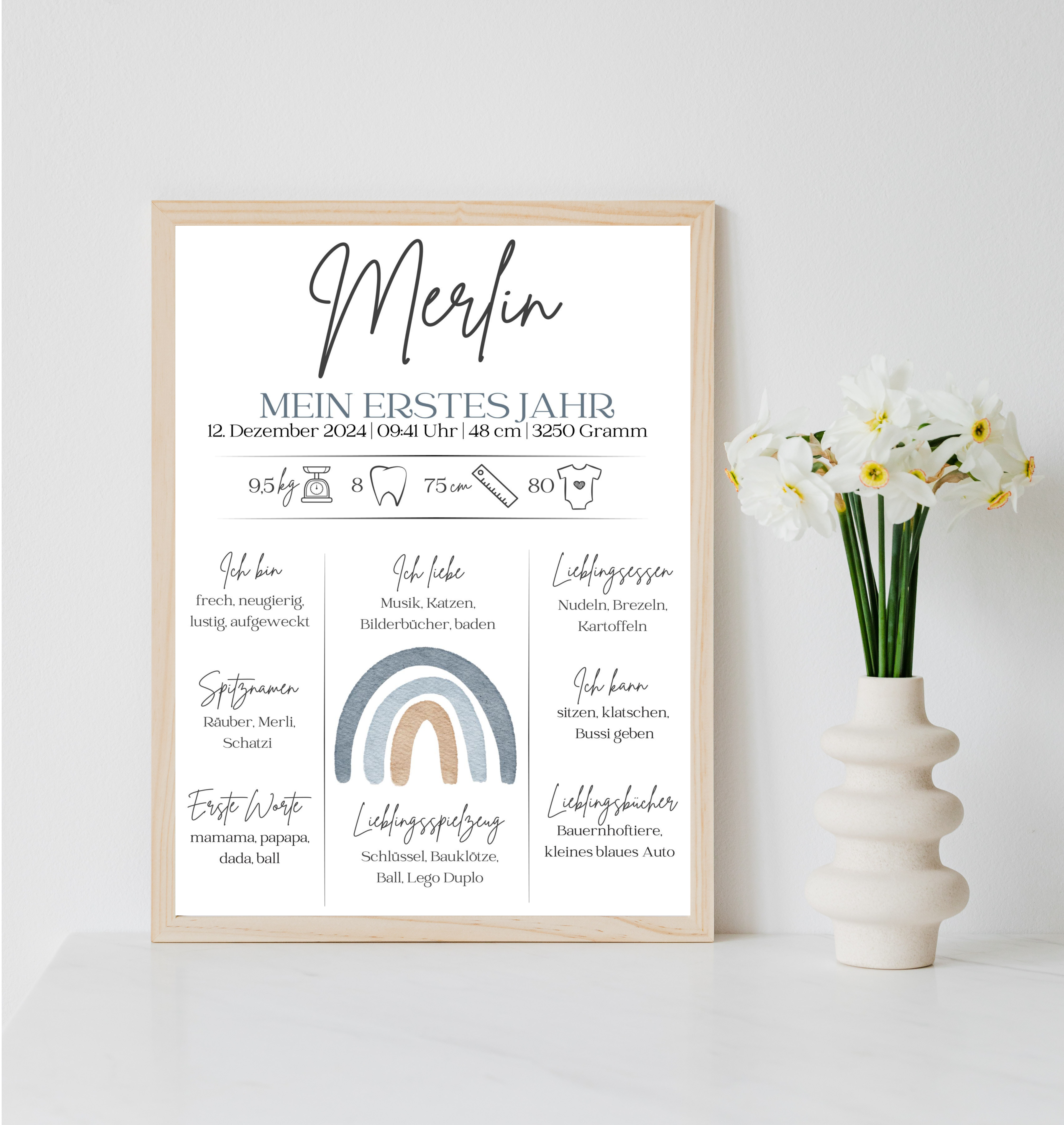 Personalisiertes Meilensteinposter zum ersten Geburtstag mit Regenbogen als PDF Datei, ausgedruckt in A4 oder mit Premium Bilderrahmen