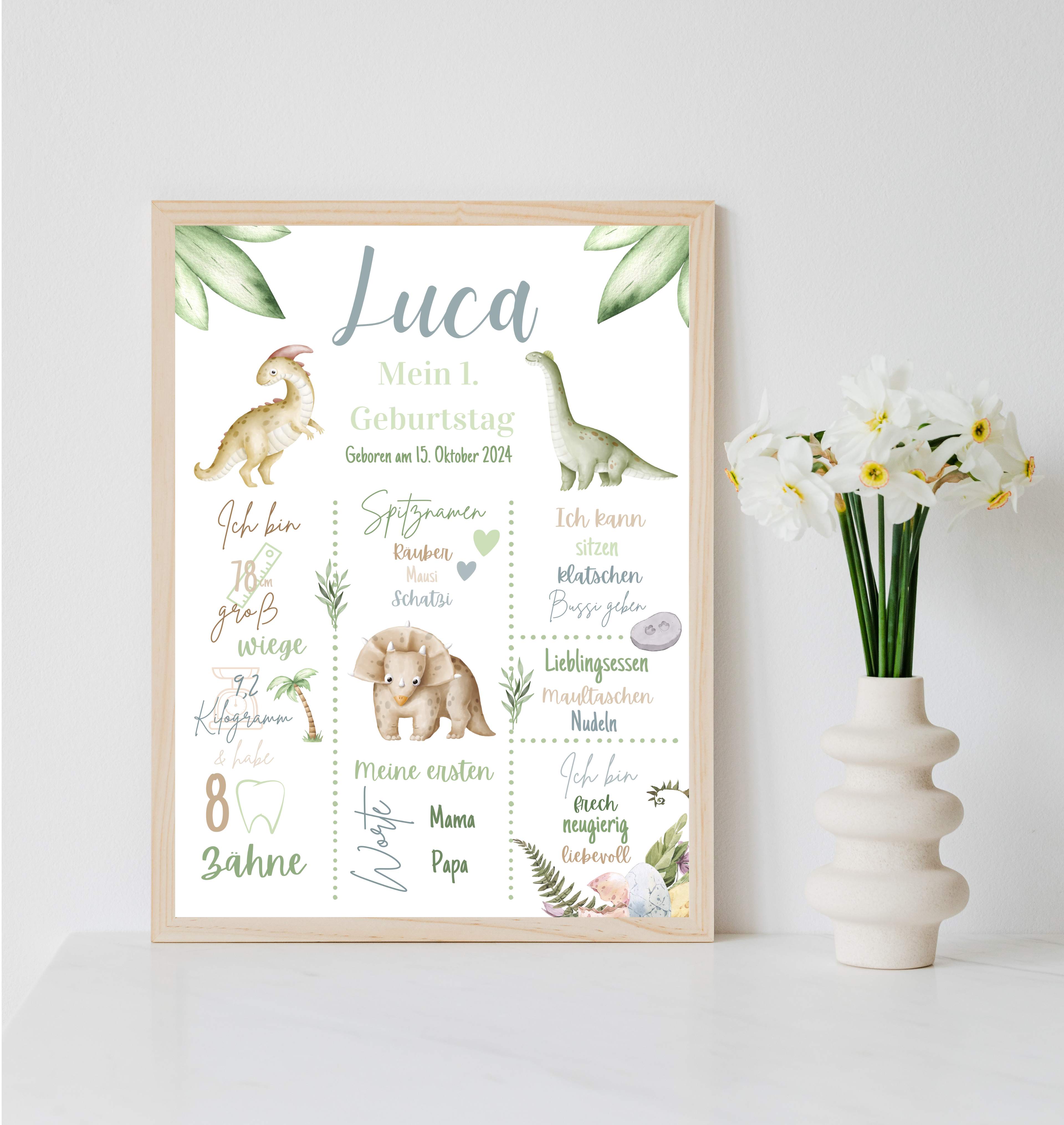 Personalisiertes Meilensteinposter zum ersten Geburtstag mit Dinosaurier als PDF Datei, ausgedruckt in A4 oder mit Premium Bilderrahmen
