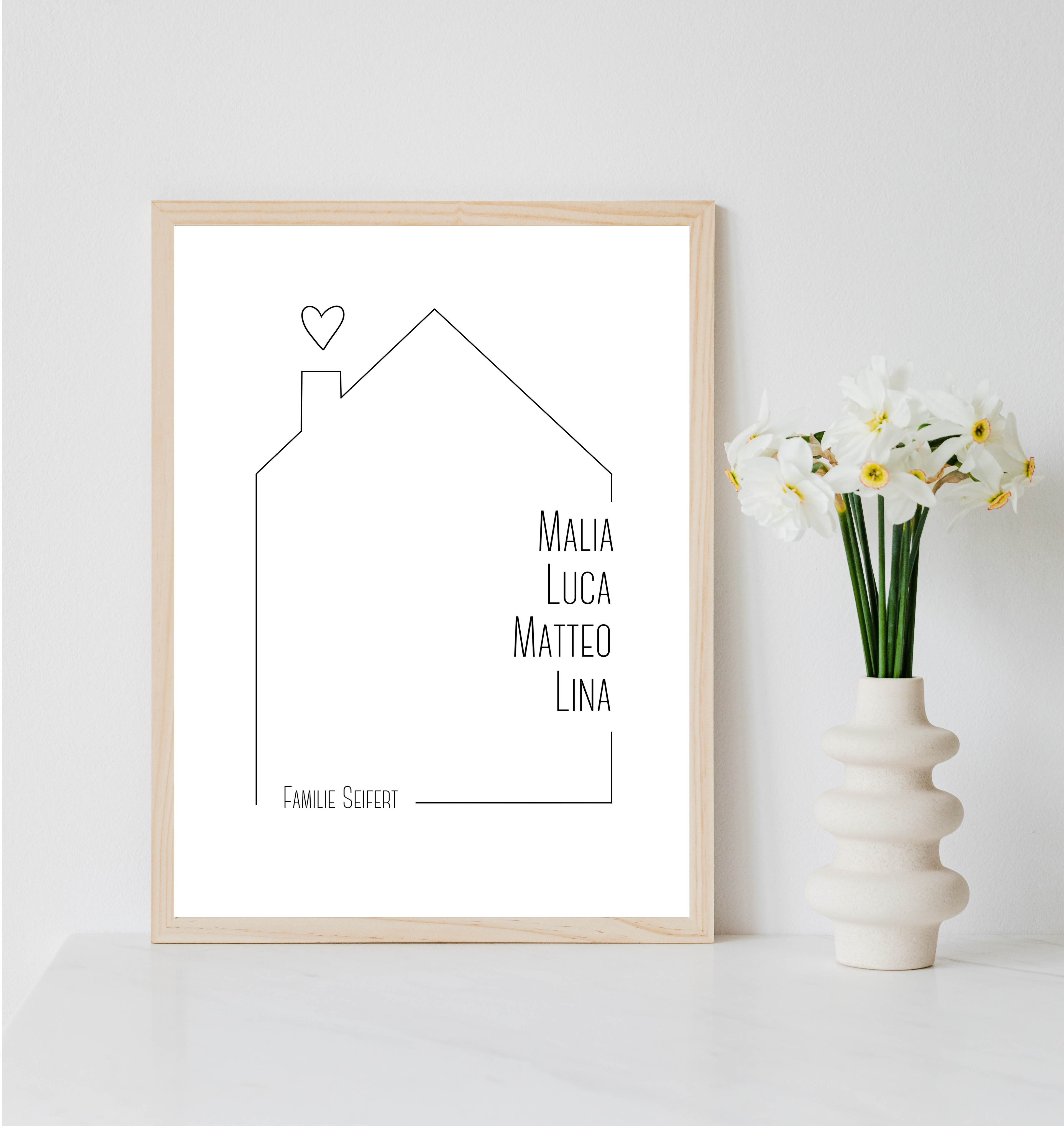 Personalisiertes Familienposter mit Namen & Haus als PDF Datei, ausgedruckt A4 oder mit Premium Bilderrahmen