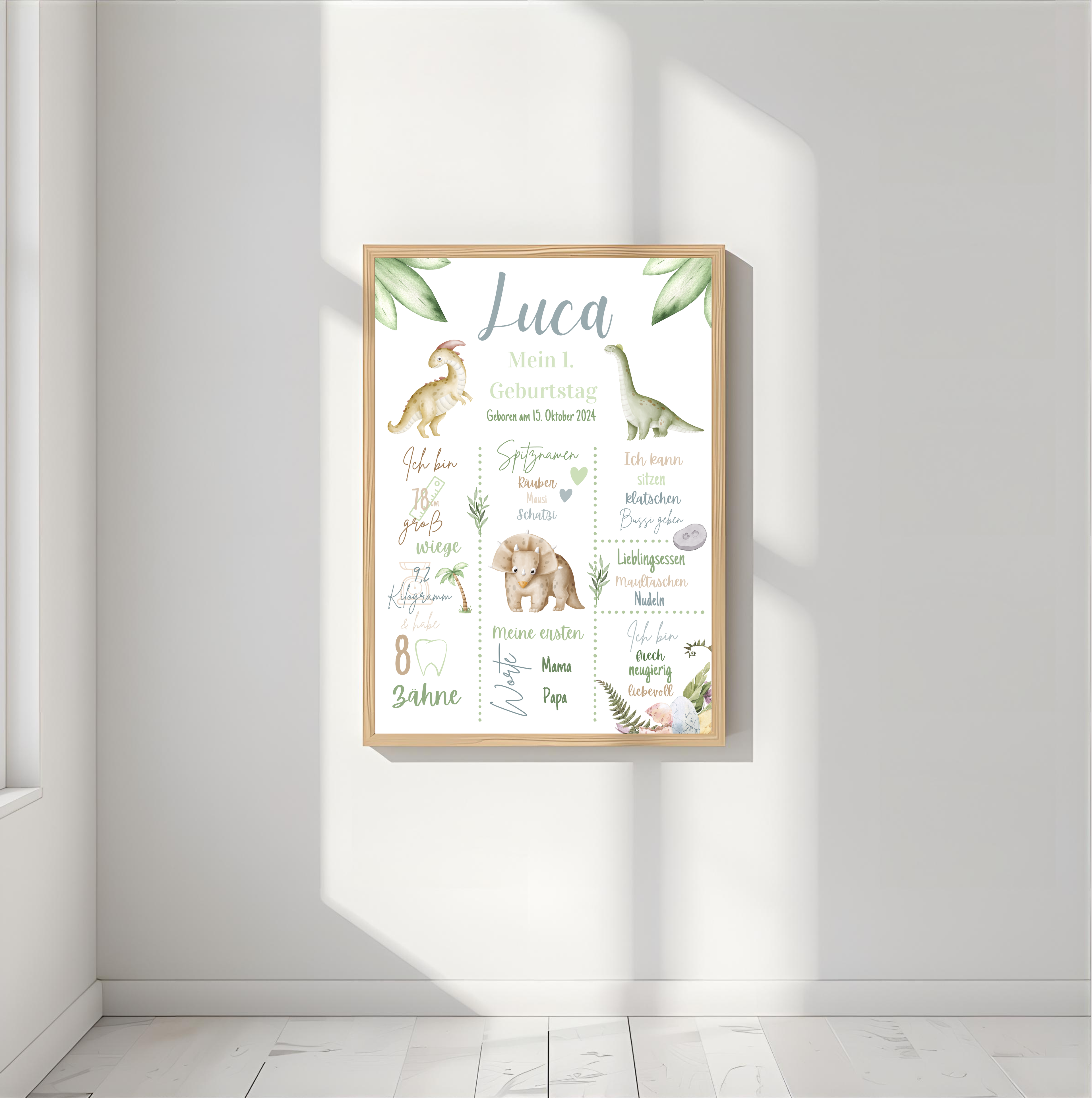 Personalisiertes Meilensteinposter zum ersten Geburtstag mit Dinosaurier als PDF Datei, ausgedruckt in A4 oder mit Premium Bilderrahmen