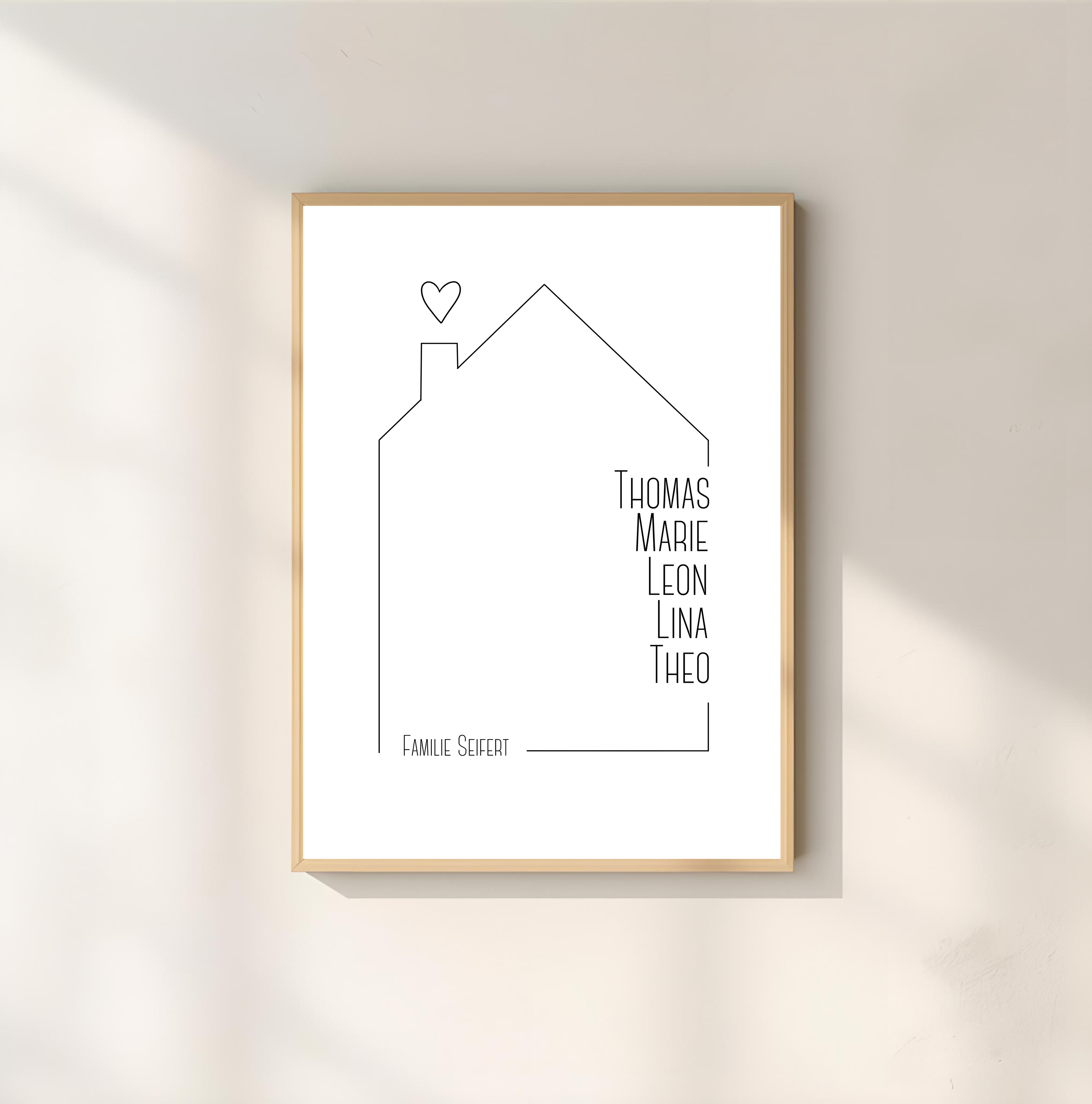 Personalisiertes Familienposter mit Namen & Haus als PDF Datei, ausgedruckt A4 oder mit Premium Bilderrahmen