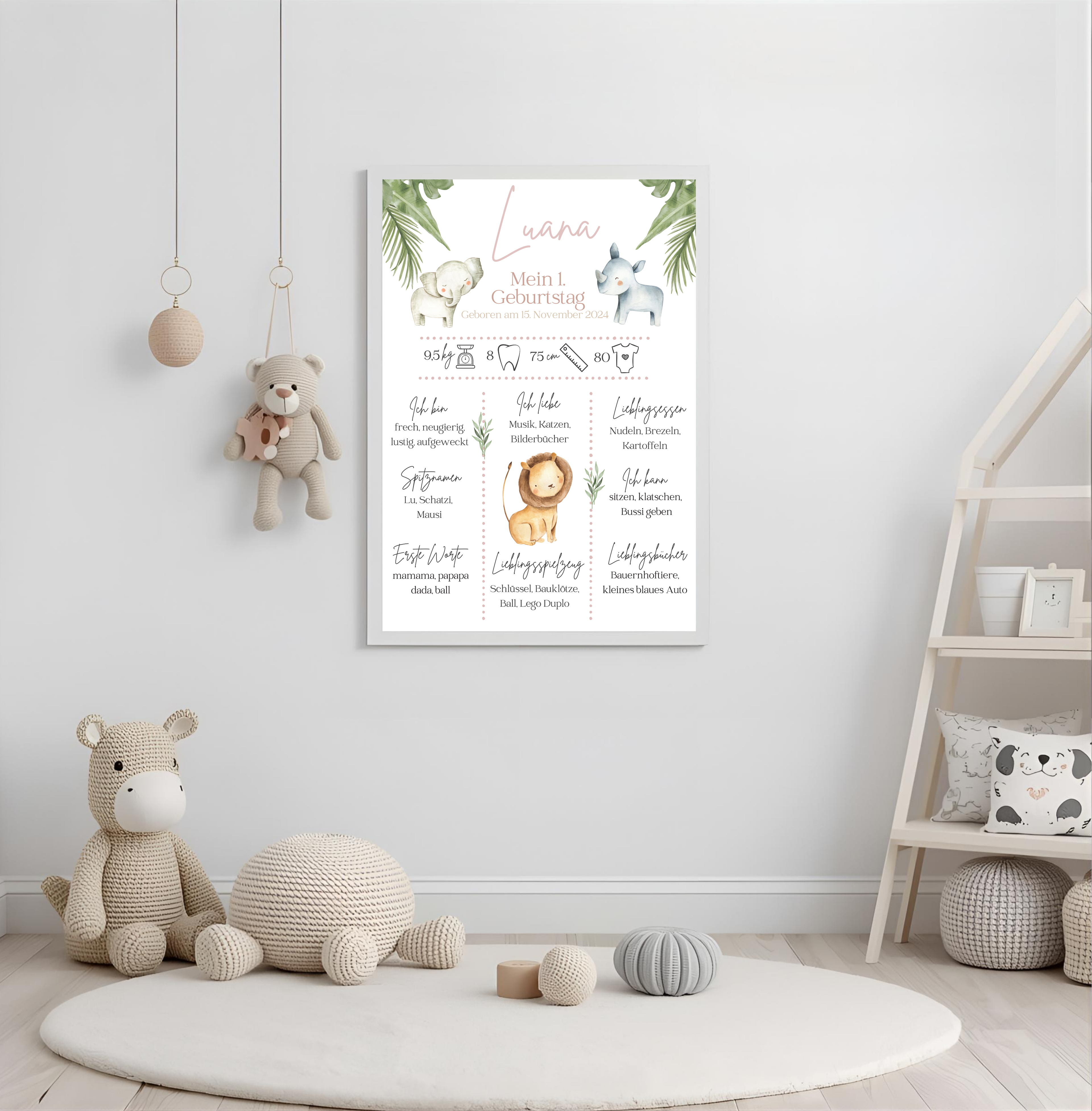 Personalisiertes Meilensteinposter zum ersten Geburtstag mit Safari Tiere als PDF Datei, ausgedruckt A4 oder mit Premium Bilderrahmen