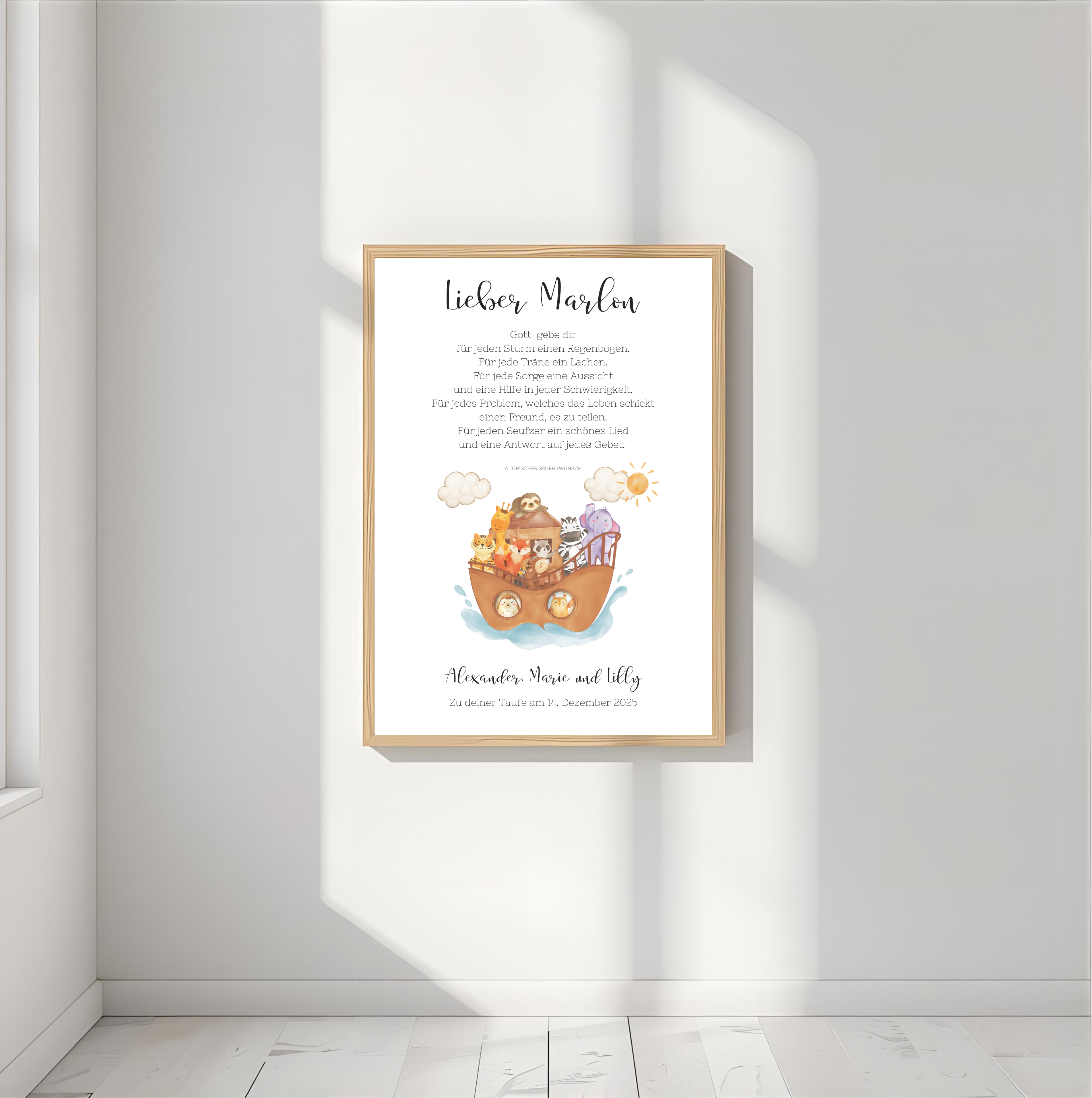 Personalisiertes Poster zur Taufe | Taufgeschenk Arche Noah als PDF Datei, ausgedruckt in A4 oder mit Premium Bilderrahmen