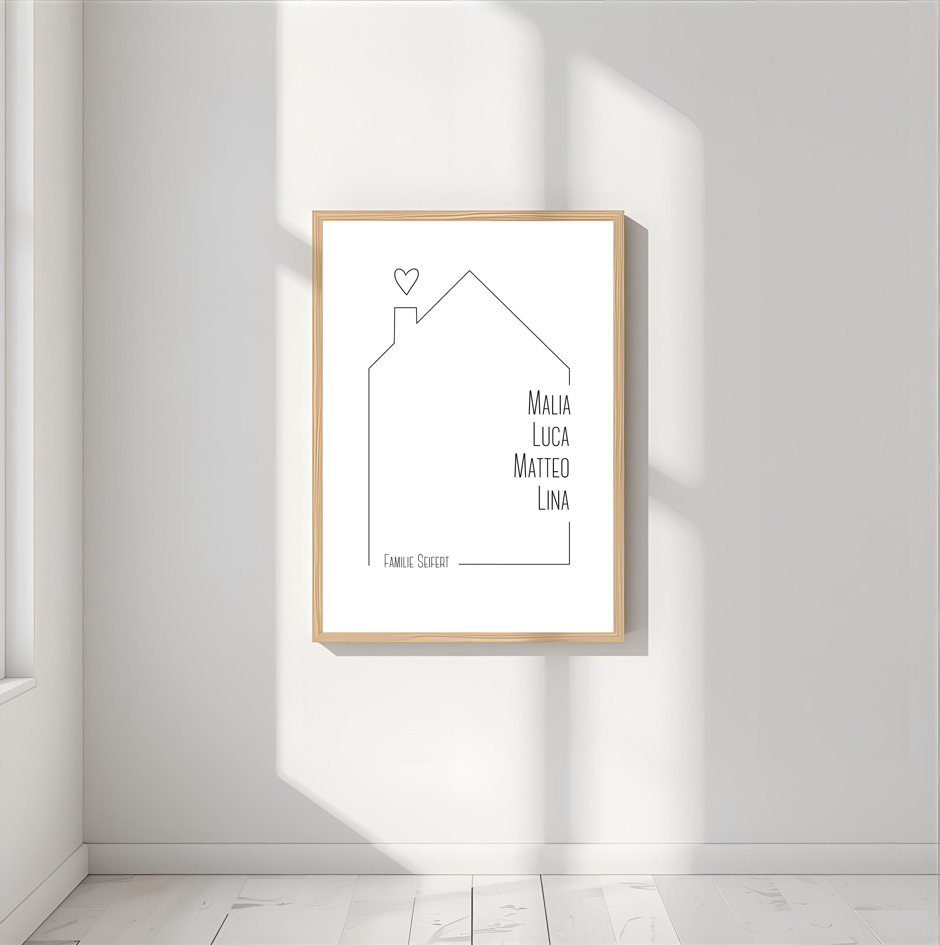 Personalisiertes Familienposter mit Namen & Haus als PDF Datei, ausgedruckt A4 oder mit Premium Bilderrahmen