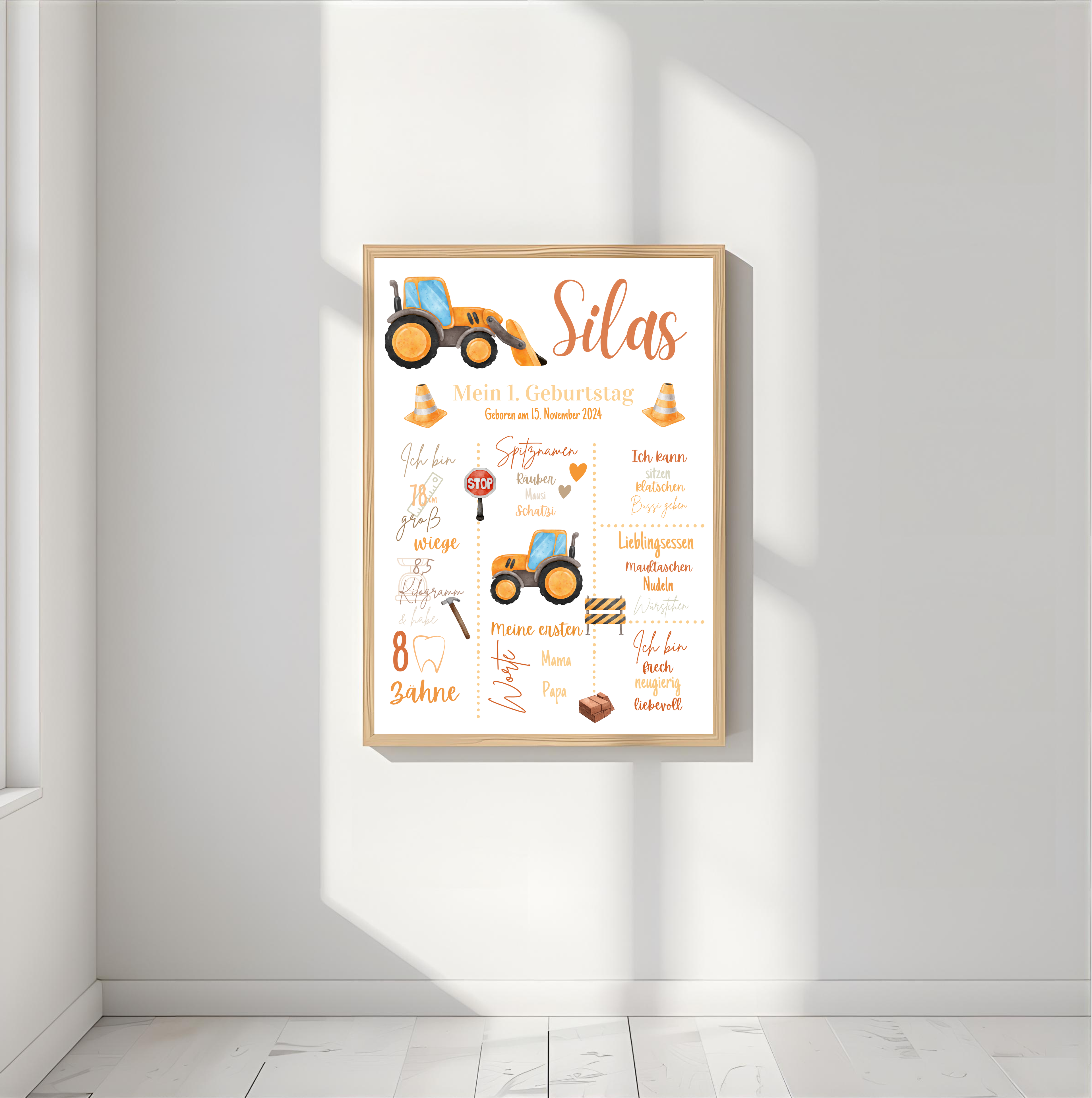 Personalisiertes Meilensteinposter zum ersten Geburtstag Baustelle Traktor als PDF Datei, ausgedruckt in A4 oder mit Premium Bilderrahmen