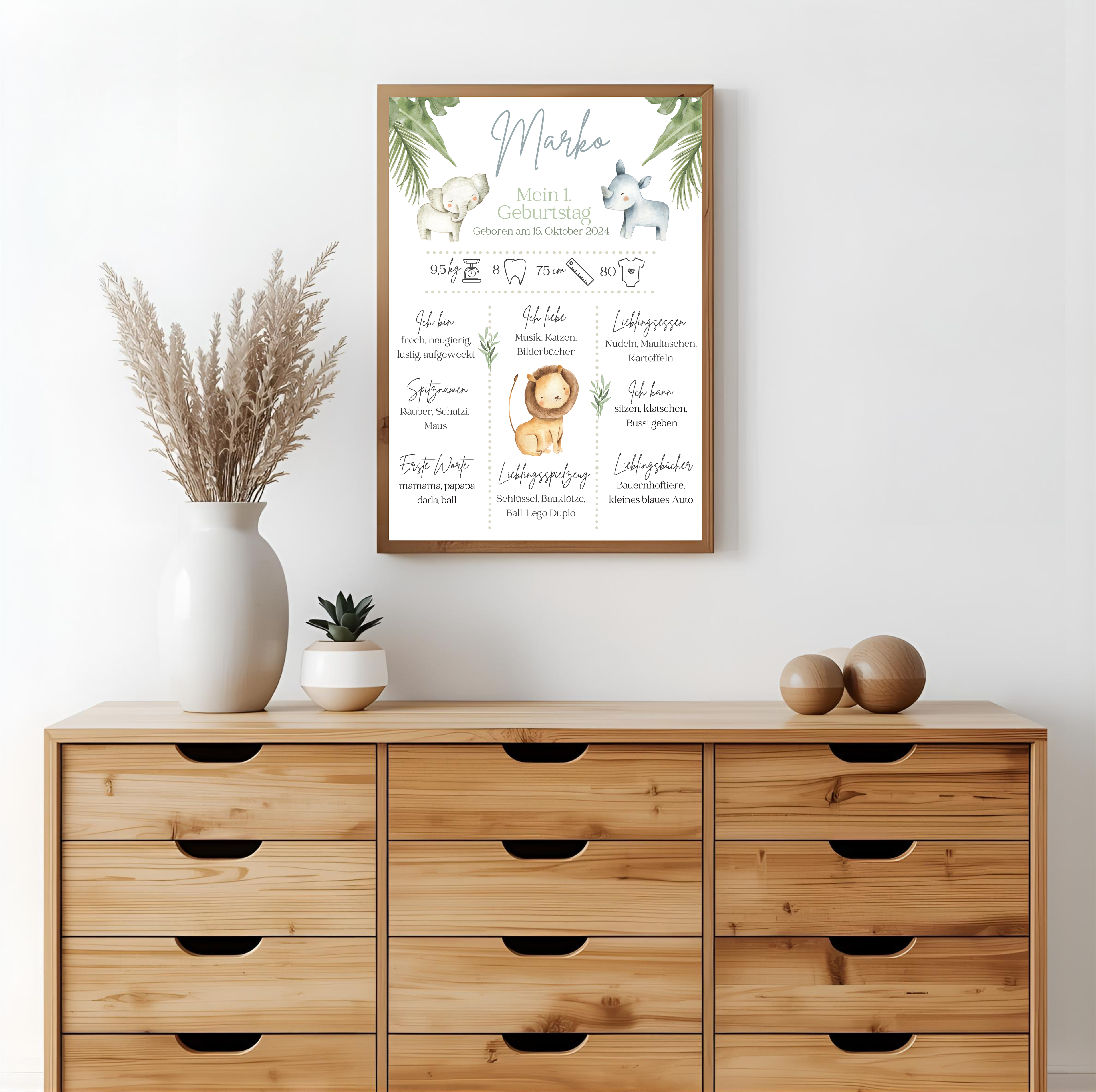 Personalisiertes Meilensteinposter zum ersten Geburtstag mit Safari Tiere als PDF Datei, ausgedruckt A4 oder mit Premium Bilderrahmen