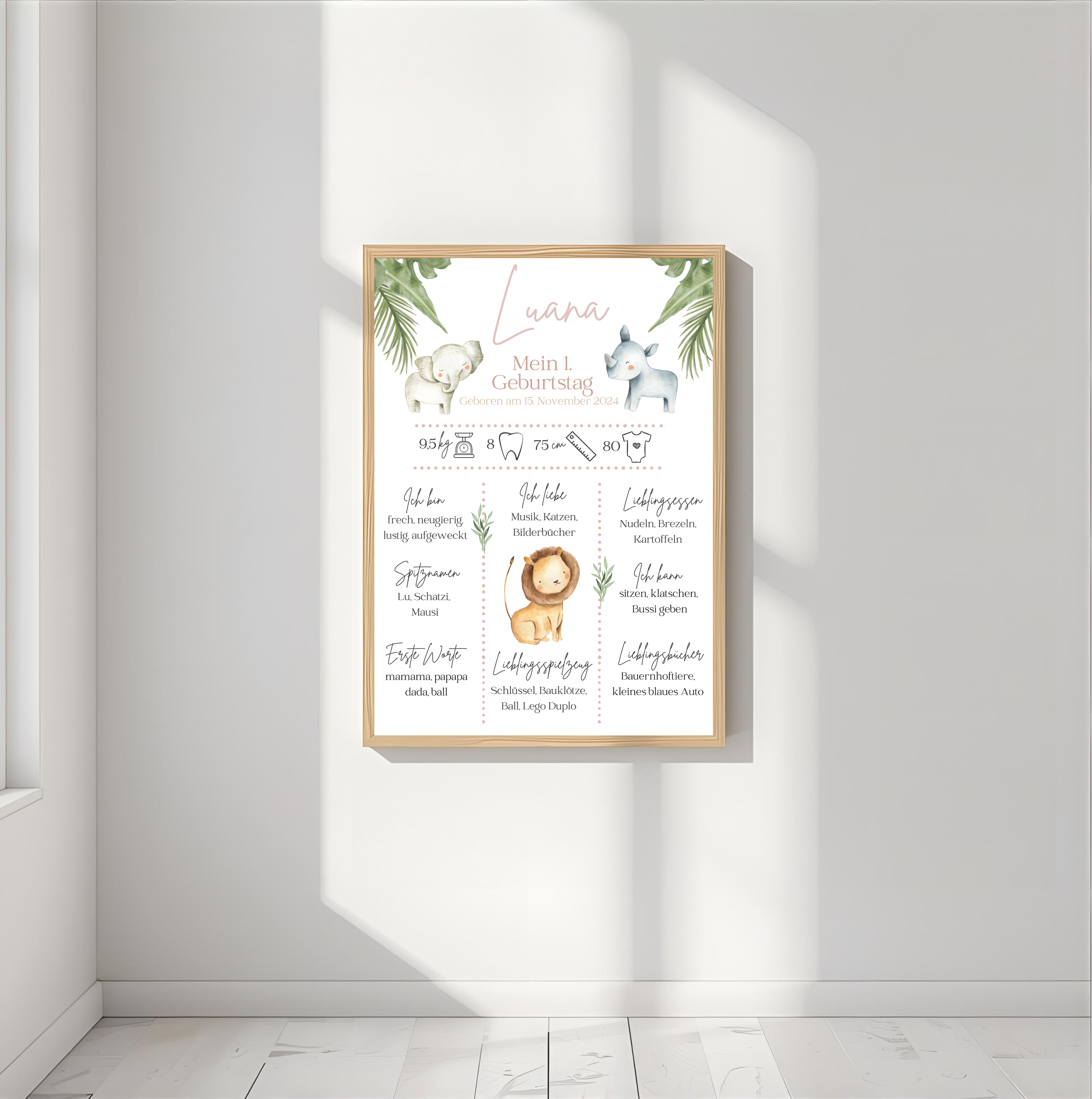 Personalisiertes Meilensteinposter zum ersten Geburtstag mit Safari Tiere als PDF Datei, ausgedruckt A4 oder mit Premium Bilderrahmen
