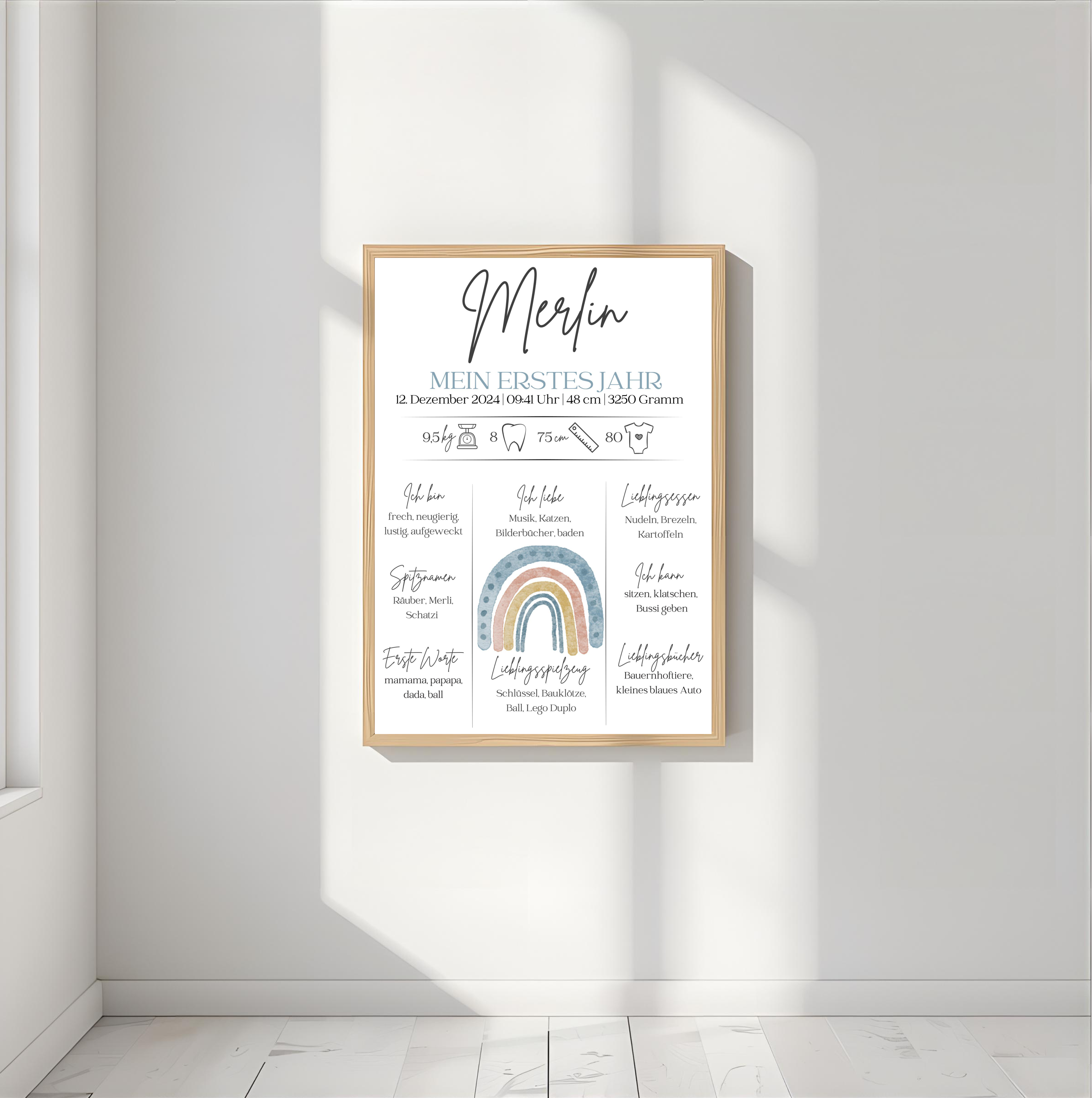 Personalisiertes Meilensteinposter zum ersten Geburtstag mit Regenbogen als PDF Datei, ausgedruckt in A4 oder mit Premium Bilderrahmen