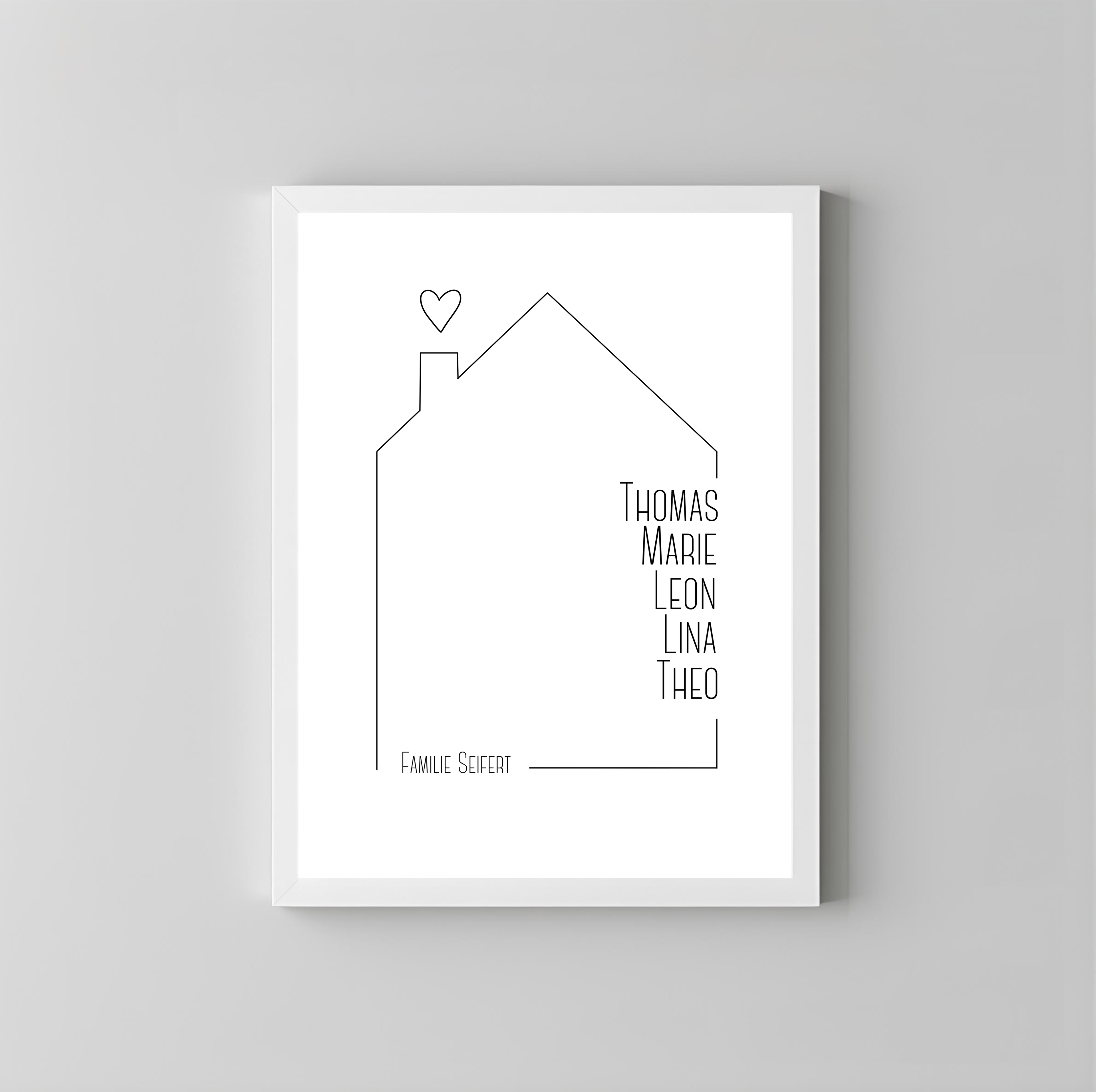 Personalisiertes Familienposter mit Namen & Haus als PDF Datei, ausgedruckt A4 oder mit Premium Bilderrahmen