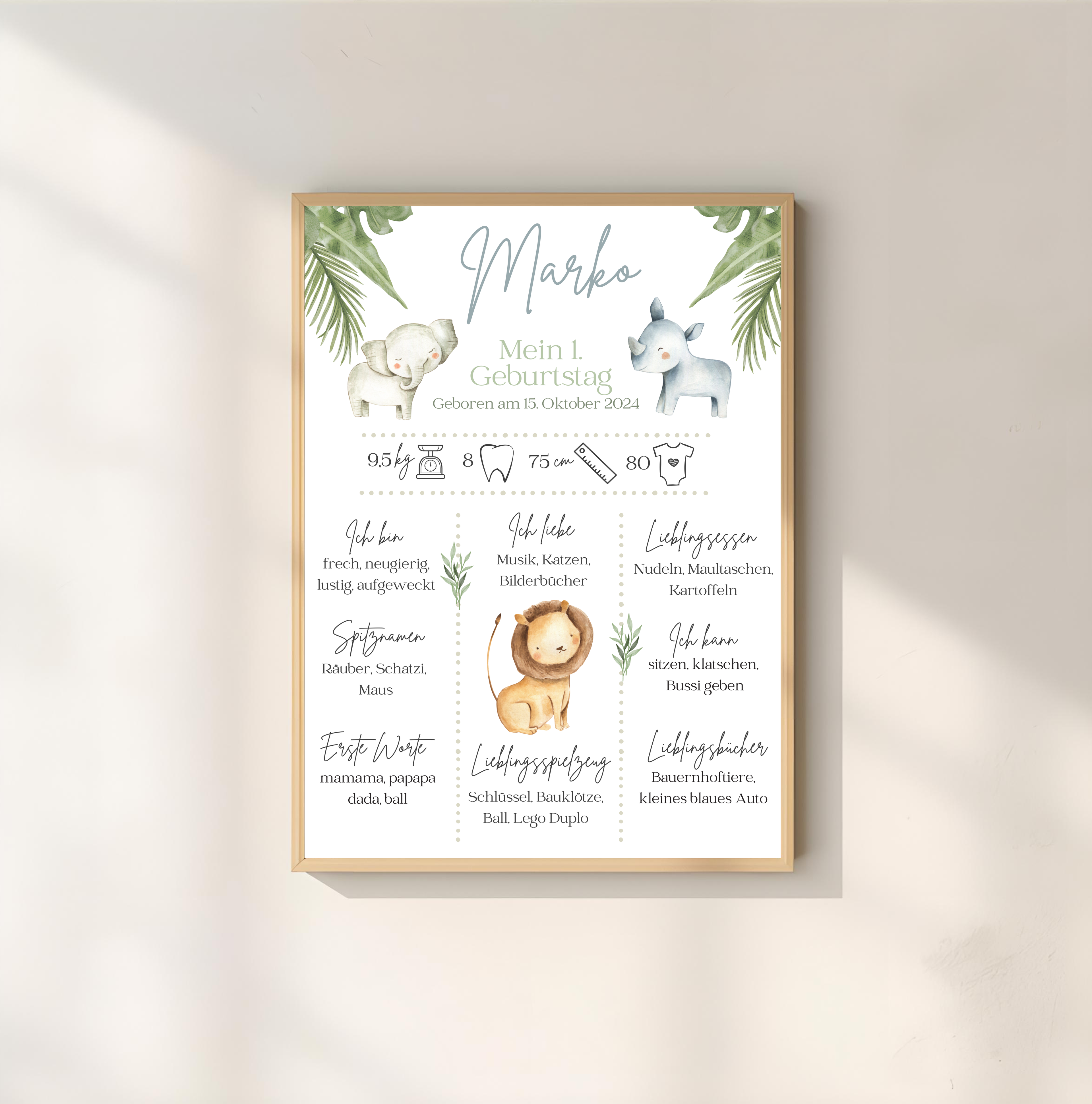 Personalisiertes Meilensteinposter zum ersten Geburtstag mit Safari Tiere als PDF Datei, ausgedruckt A4 oder mit Premium Bilderrahmen