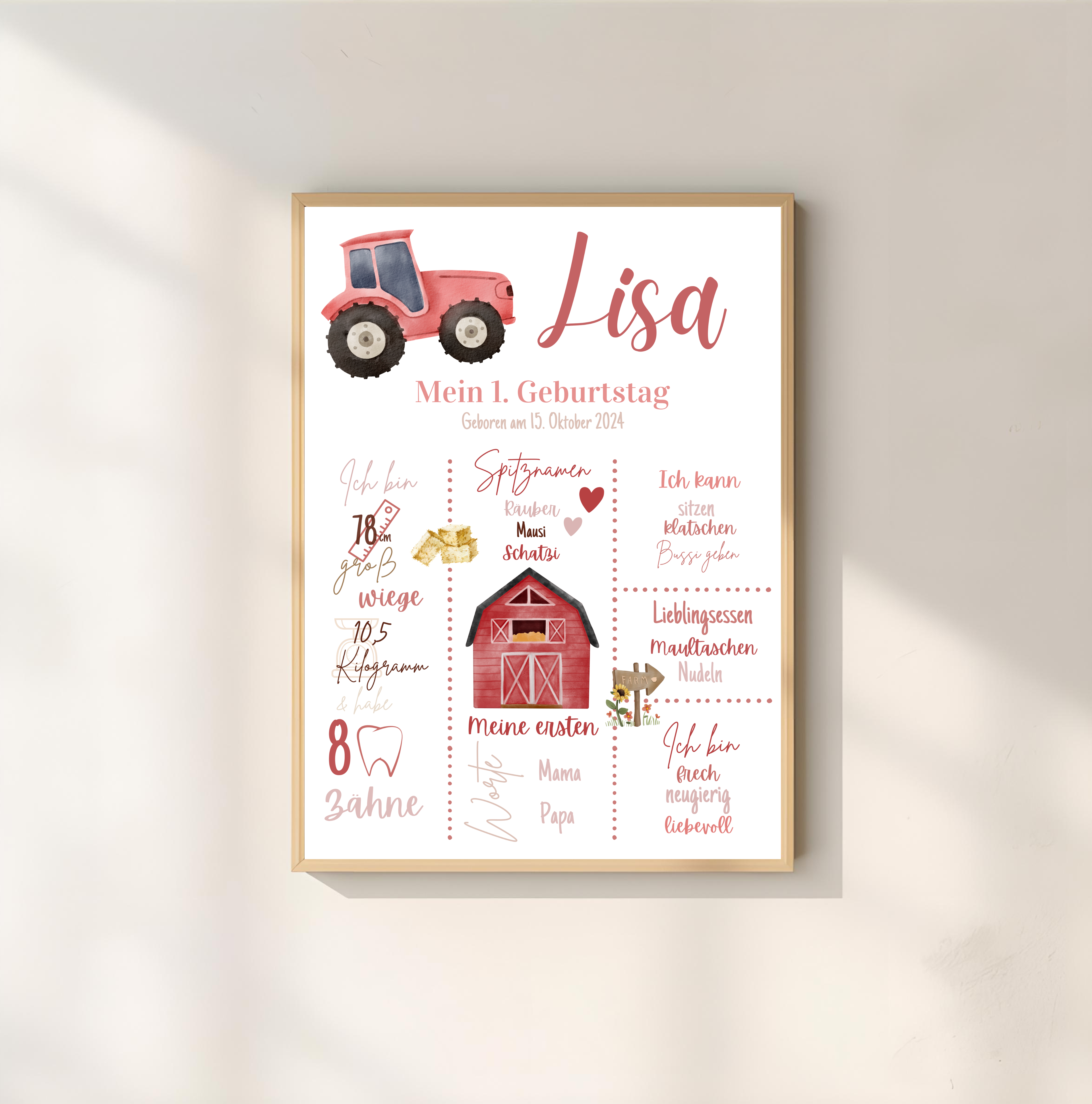 Personalisiertes Meilensteinposter zum ersten Geburtstag Bauernhof als PDF Datei, ausgedruckt in A4 oder mit Premium Bilderrahmen