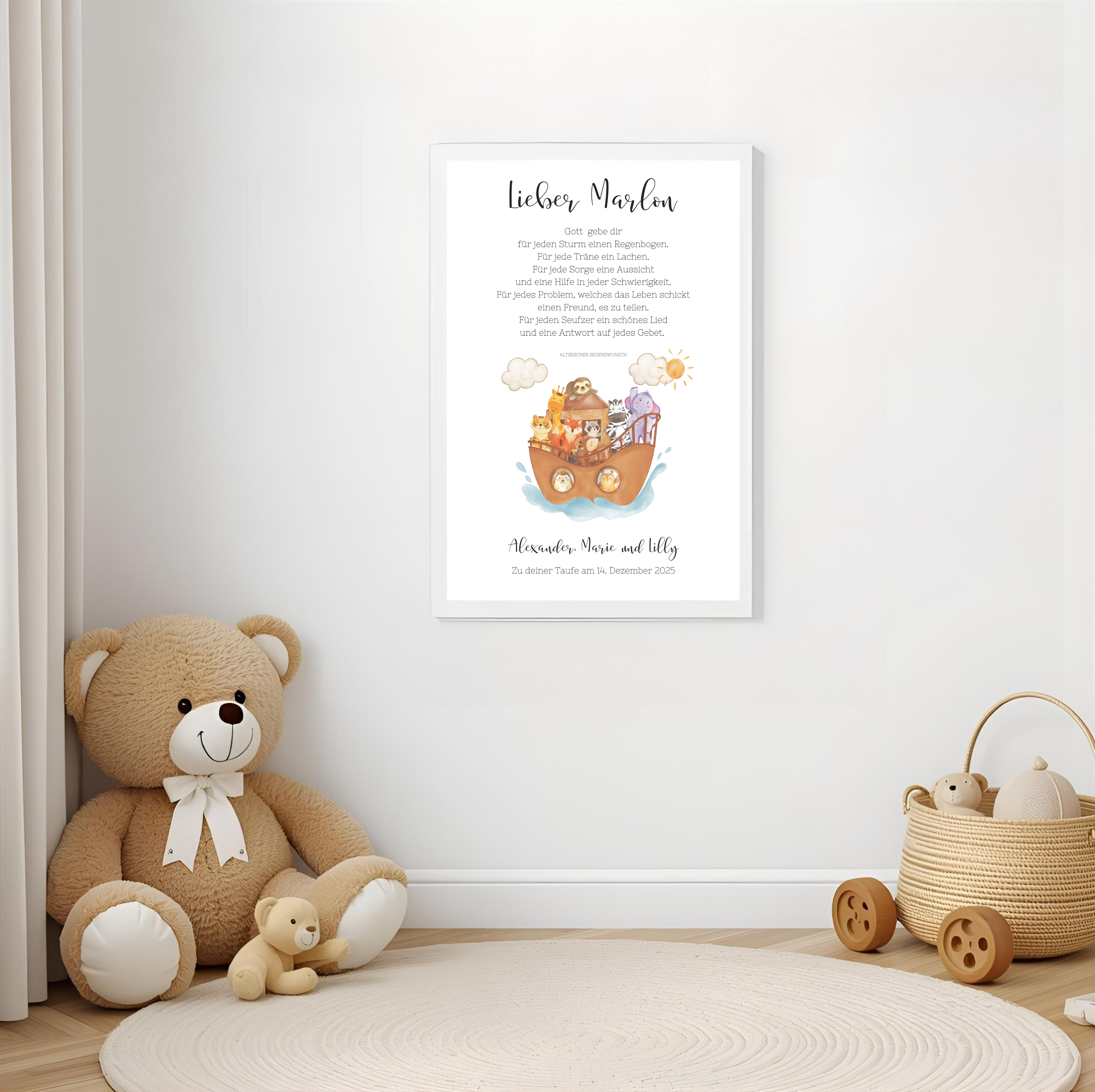 Personalisiertes Poster zur Taufe | Taufgeschenk Arche Noah als PDF Datei, ausgedruckt in A4 oder mit Premium Bilderrahmen