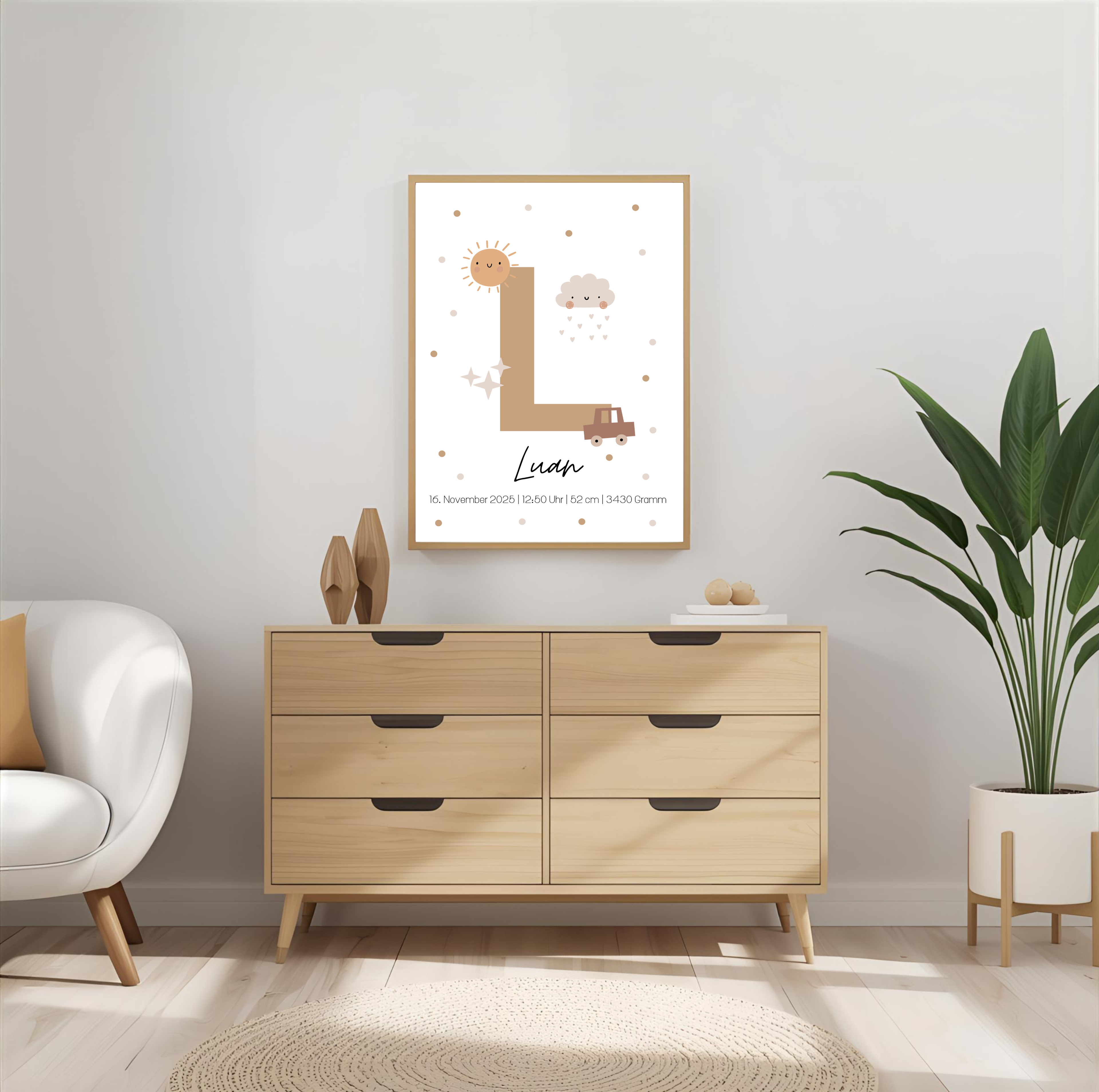 Geburtsposter personalisiert mit Namen, Buchstabe und Geburtsdaten als PDF Datei, ausgedruckt in A4 oder mit Premium Bilderrahmen