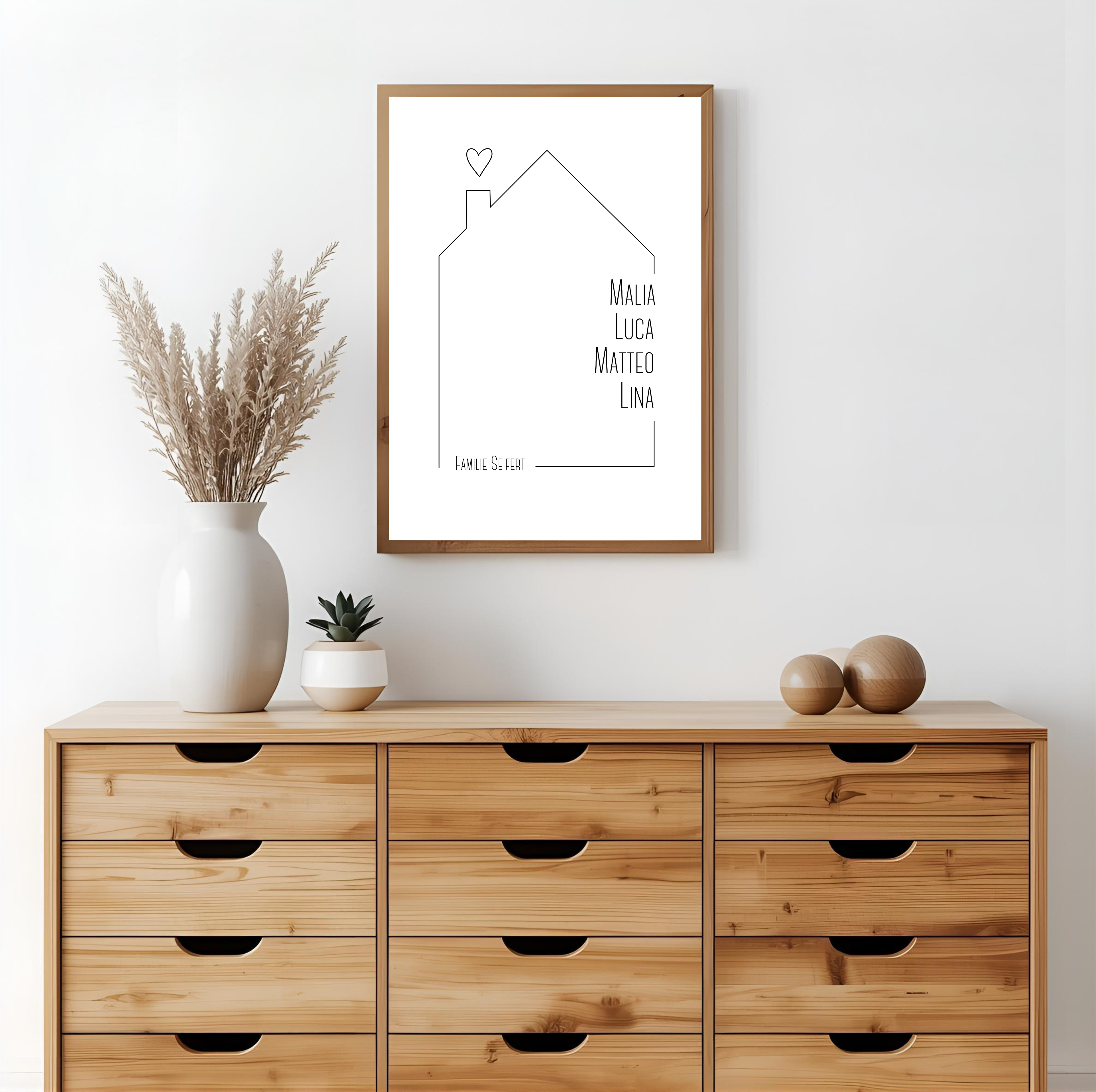 Personalisiertes Familienposter mit Namen & Haus als PDF Datei, ausgedruckt A4 oder mit Premium Bilderrahmen