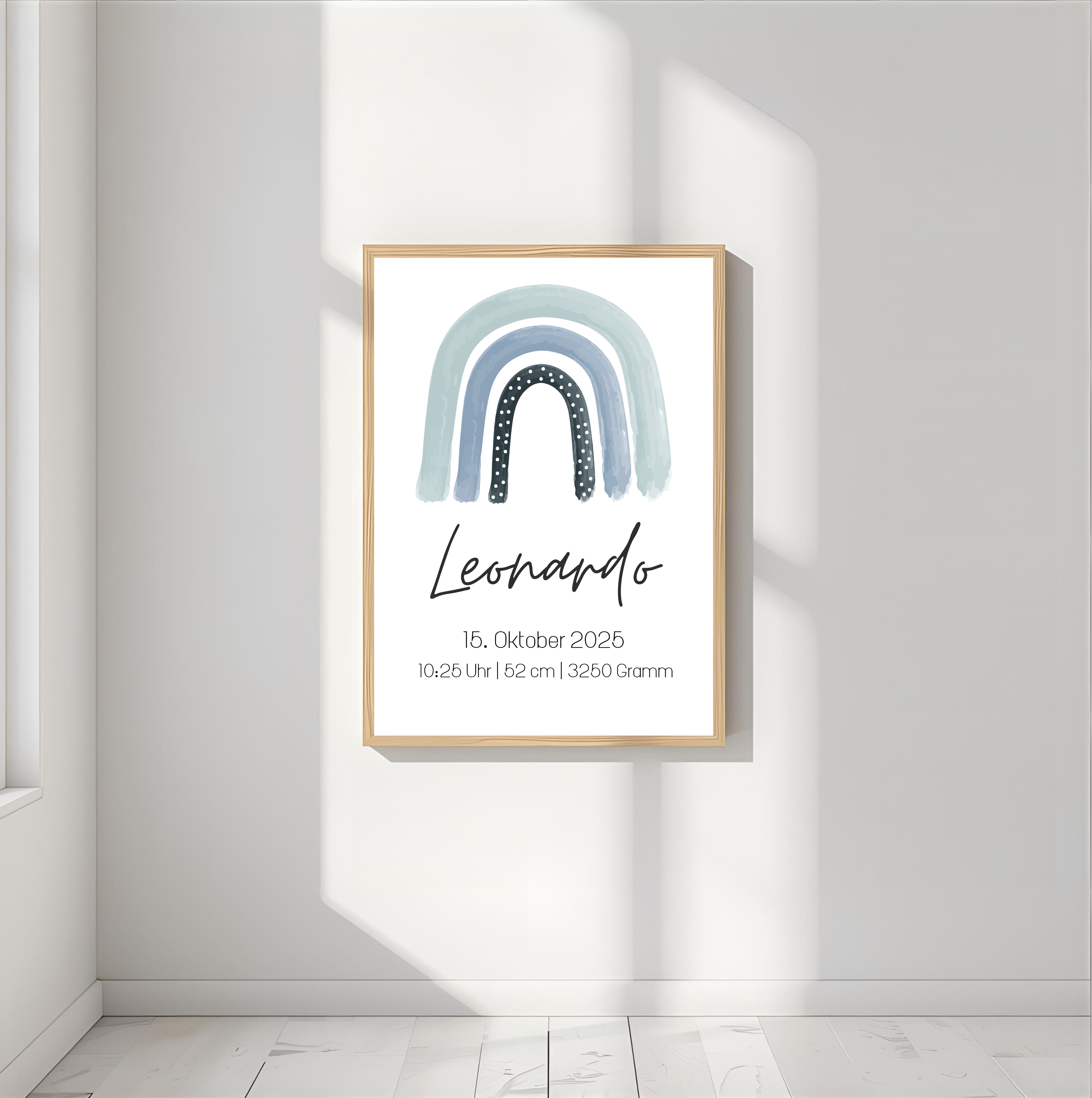 Geburtsposter personalisiert mit Namen und Geburtsdaten als PDF Datei, ausgedruckt in A4 oder mit Premium Bilderrahmen