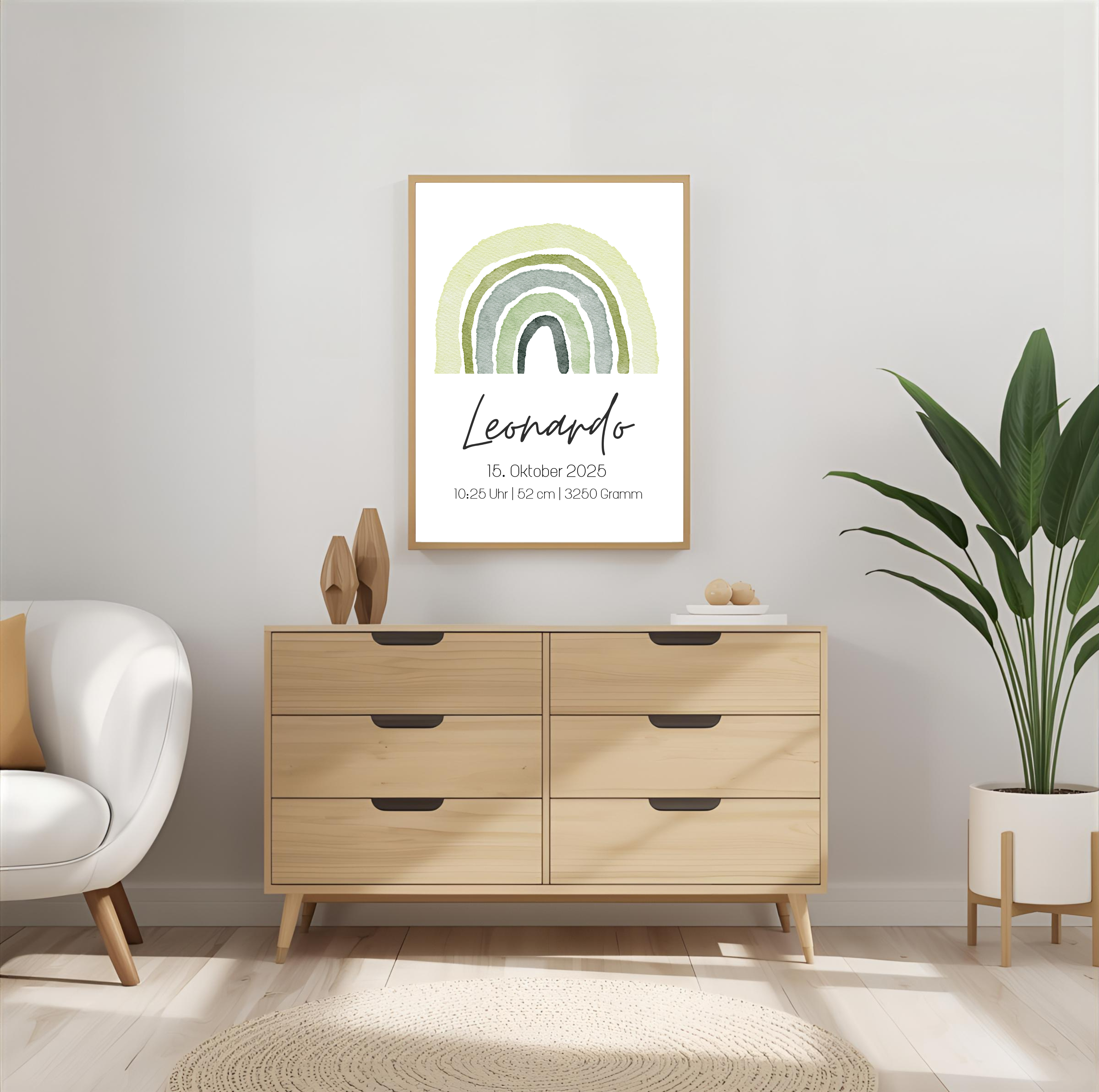 Geburtsposter personalisiert mit Namen und Geburtsdaten als PDF Datei, ausgedruckt in A4 oder mit Premium Bilderrahmen