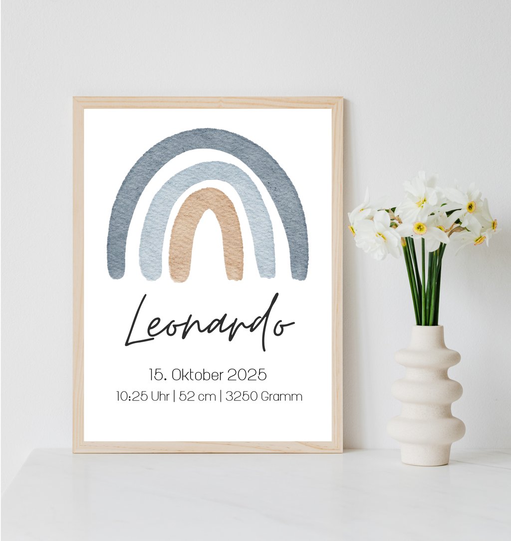 Geburtsposter personalisiert mit Namen und Geburtsdaten als PDF Datei, ausgedruckt in A4 oder mit Premium Bilderrahmen