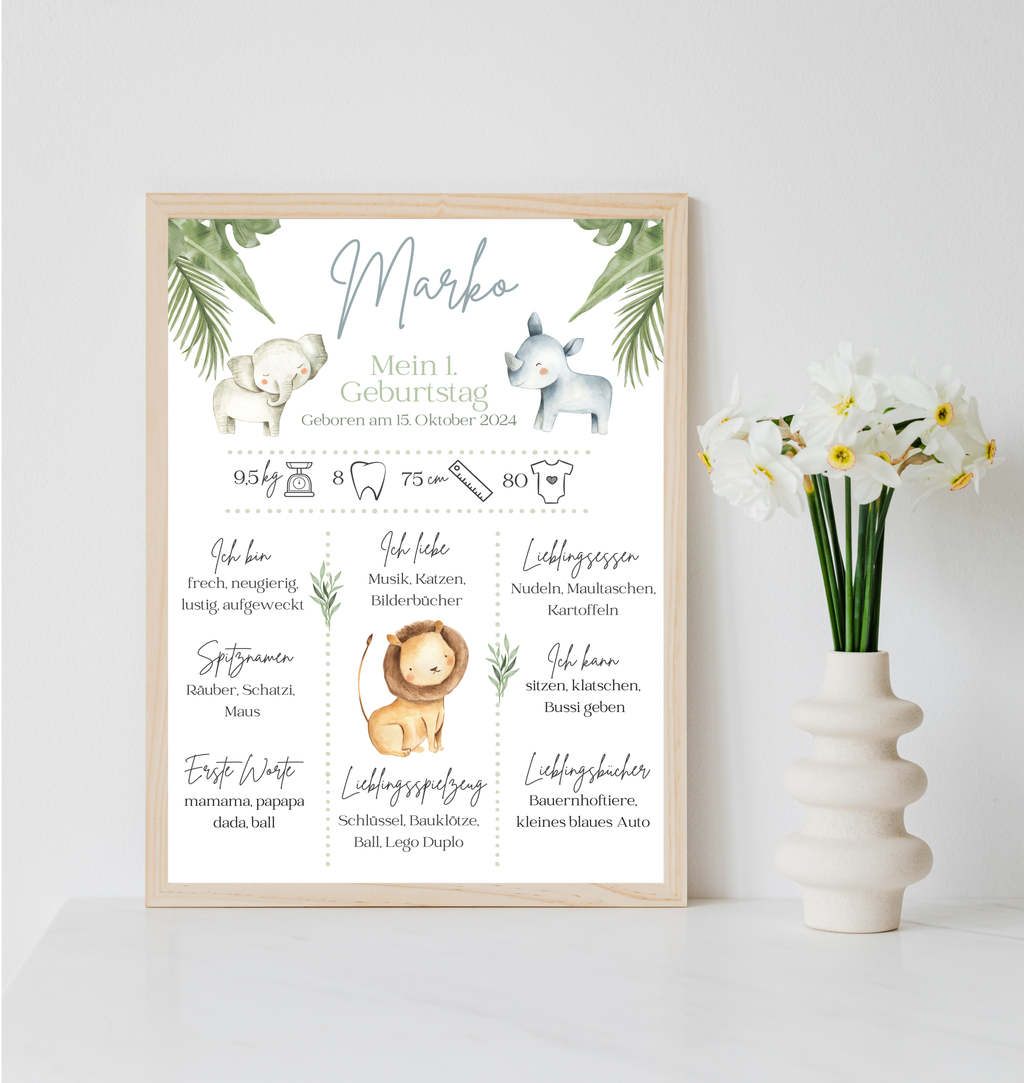 Personalisiertes Meilensteinposter zum ersten Geburtstag mit Safari Tiere als PDF Datei, ausgedruckt A4 oder mit Premium Bilderrahmen