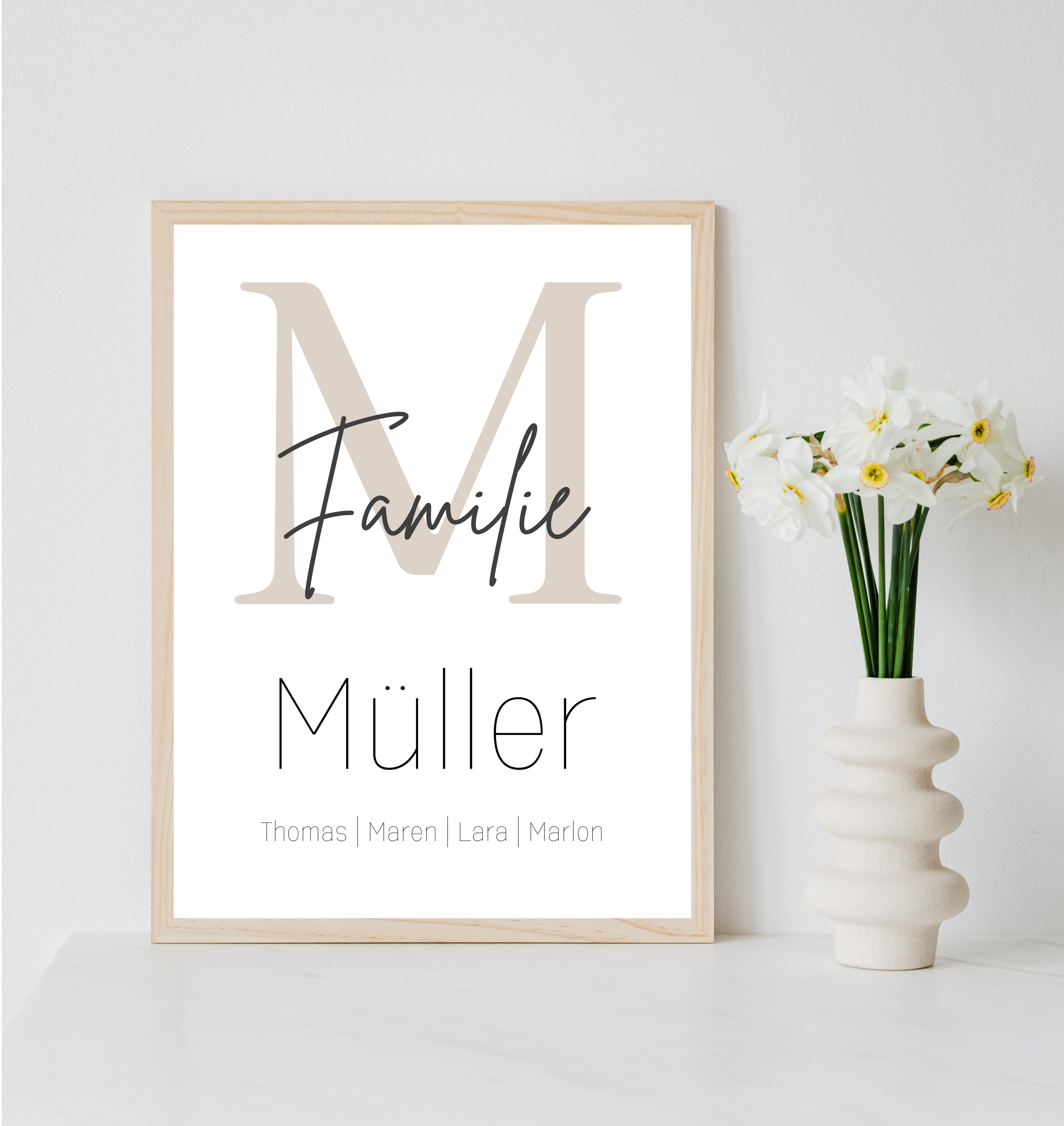Personalisiertes Familienposter mit Familienname und Vornamen der Familie als PDF Datei, ausgedruckt in A4 oder mit Premium Bilderrahmen