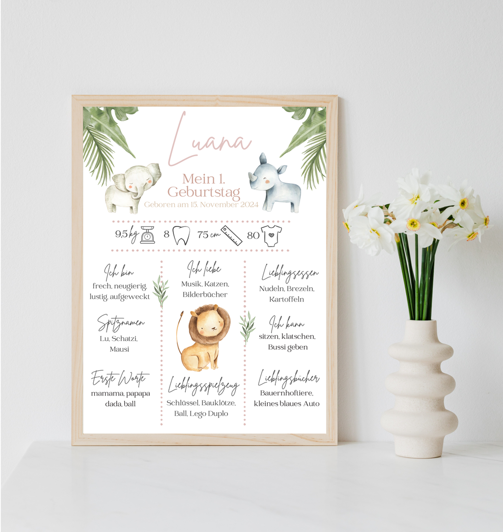 Personalisiertes Meilensteinposter zum ersten Geburtstag mit Safari Tiere als PDF Datei, ausgedruckt A4 oder mit Premium Bilderrahmen