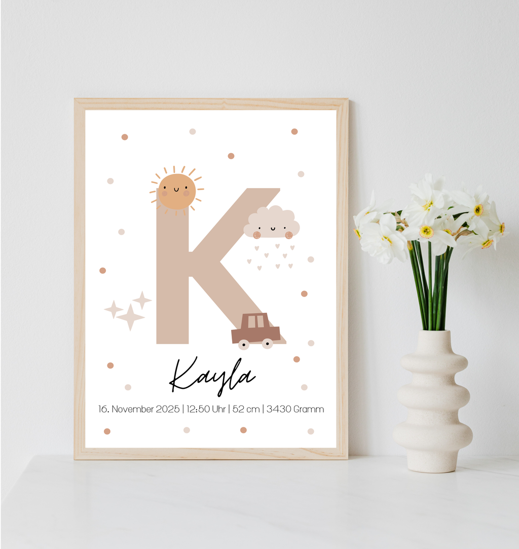 Geburtsposter personalisiert mit Namen, Buchstabe und Geburtsdaten als PDF Datei, ausgedruckt in A4 oder mit Premium Bilderrahmen
