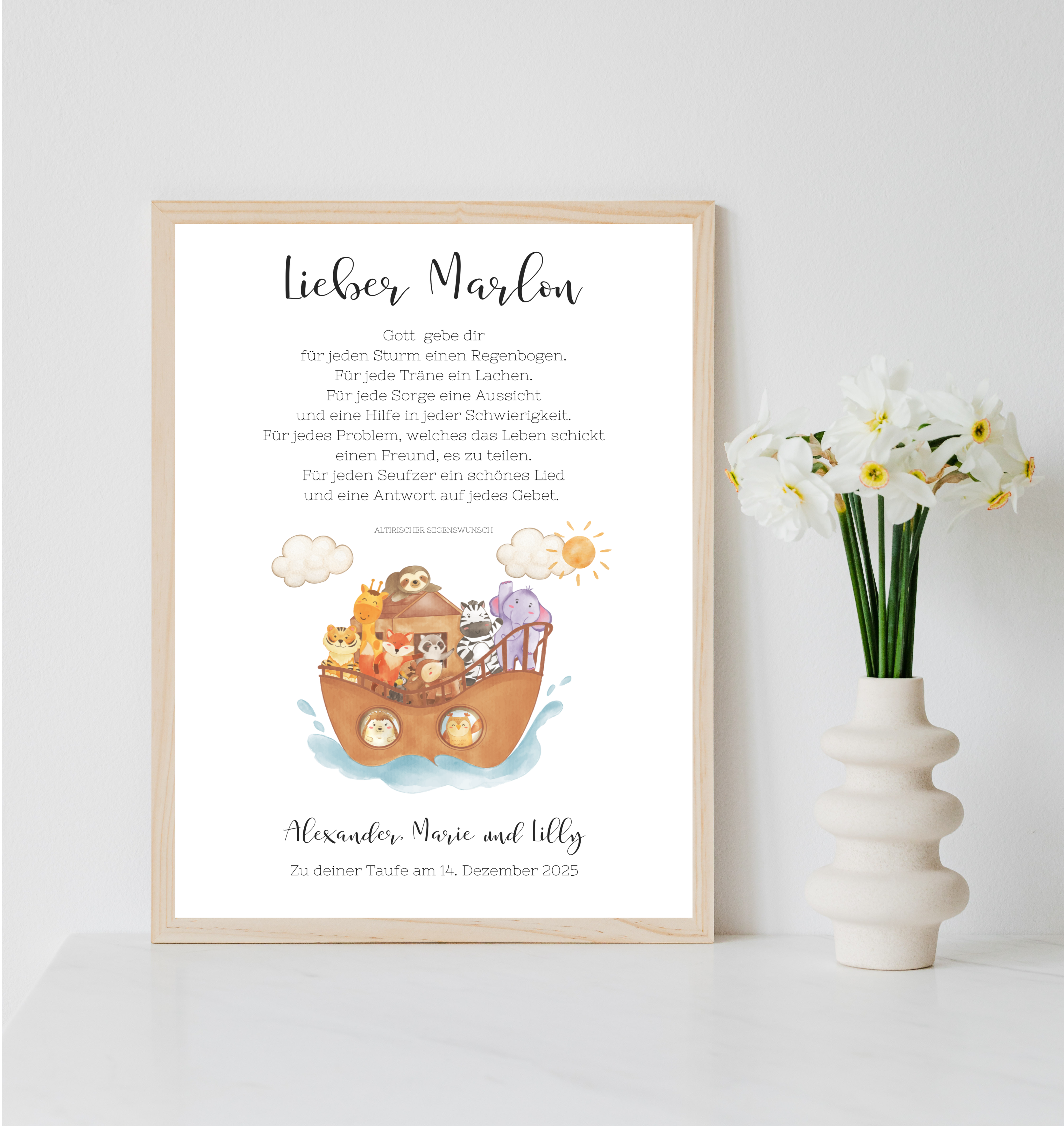 Personalisiertes Poster zur Taufe | Taufgeschenk Arche Noah als PDF Datei, ausgedruckt in A4 oder mit Premium Bilderrahmen