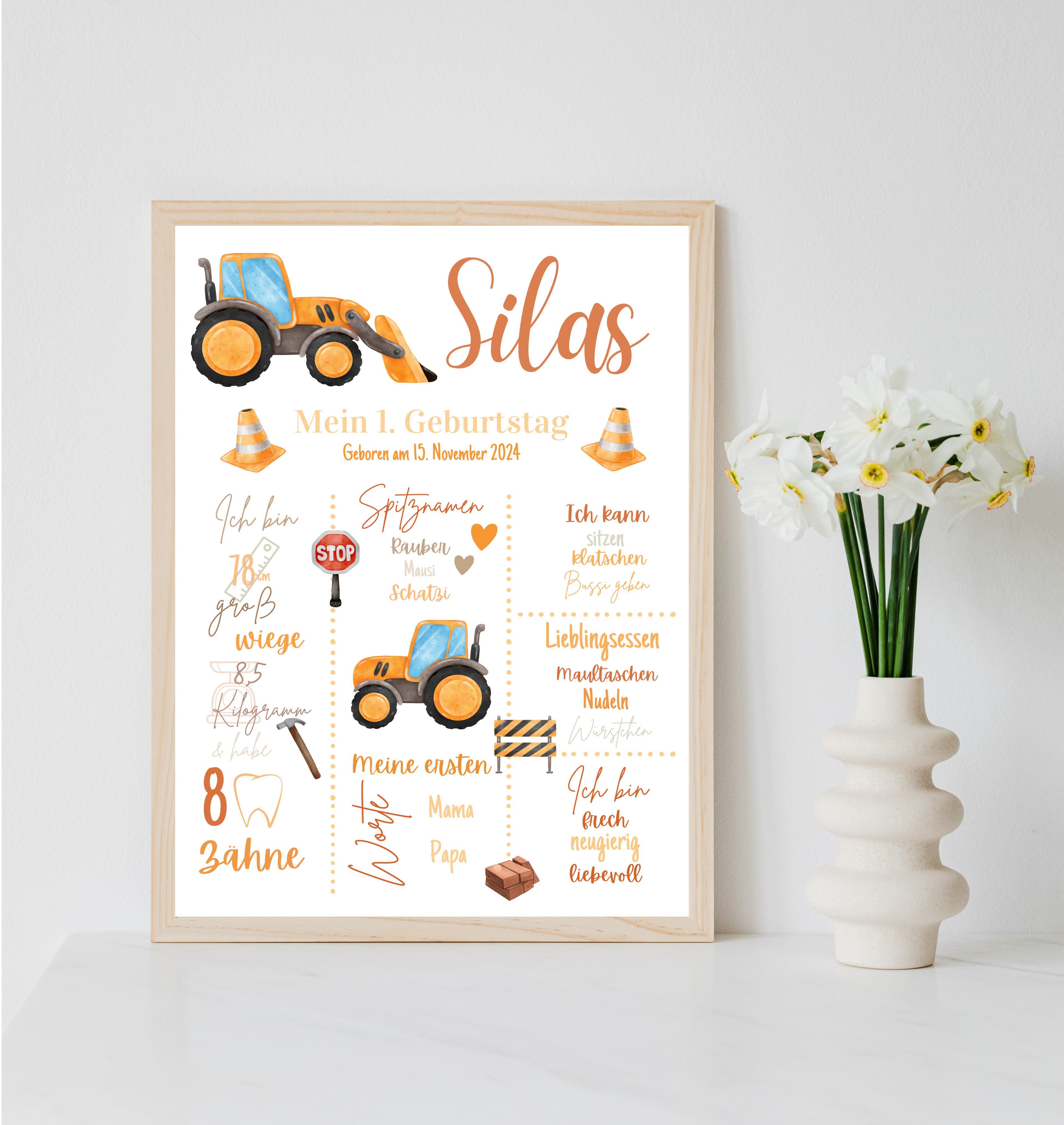 Personalisiertes Meilensteinposter zum ersten Geburtstag Baustelle Traktor als PDF Datei, ausgedruckt in A4 oder mit Premium Bilderrahmen