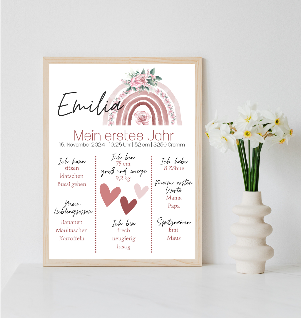 Personalisiertes Meilensteinposter zum ersten Geburtstag mit Regenbogen als PDF Datei, ausgedruckt A4 oder mit Premium Bilderrahmen