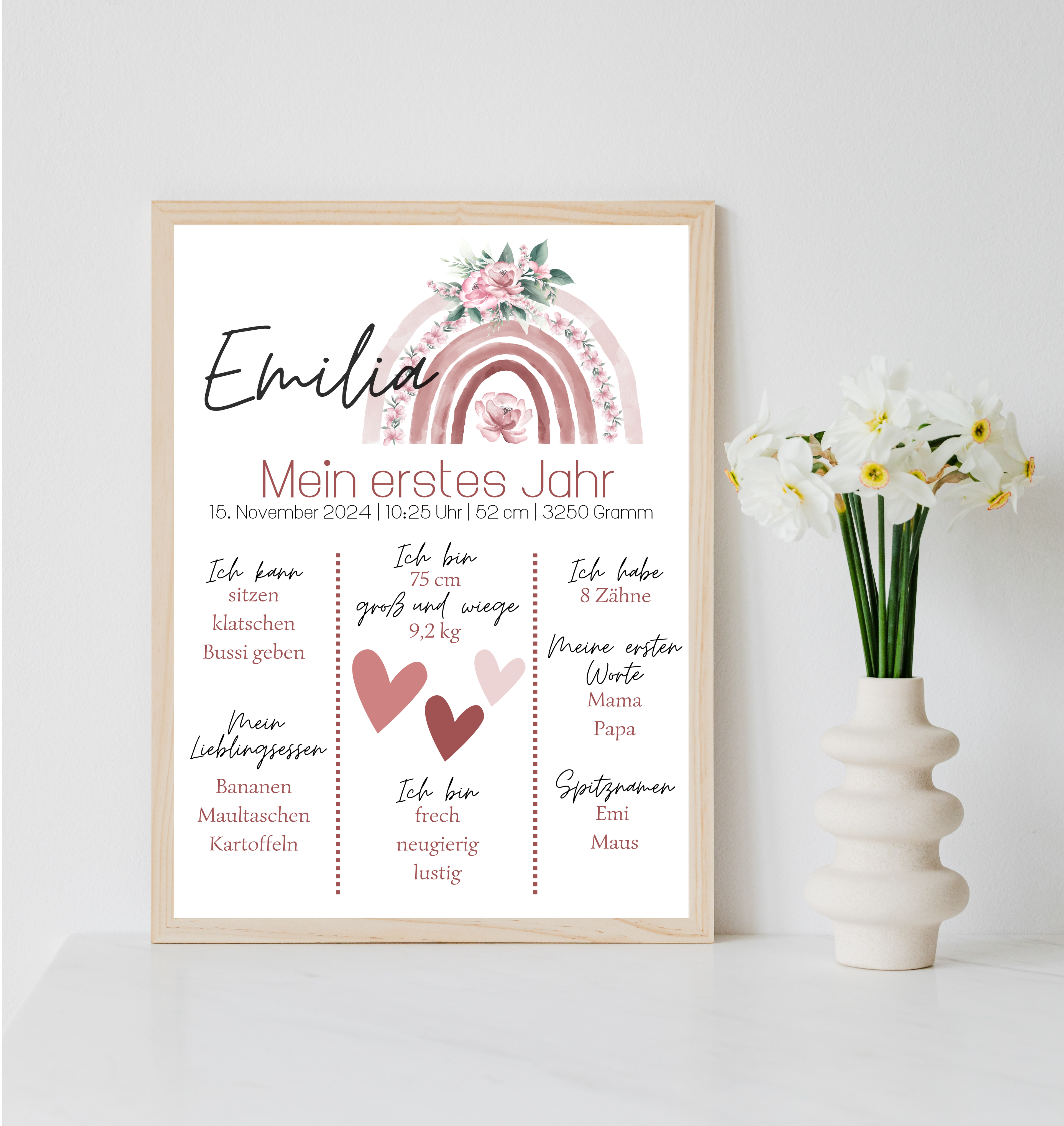 Personalisiertes Meilensteinposter zum ersten Geburtstag mit Regenbogen als PDF Datei, ausgedruckt A4 oder mit Premium Bilderrahmen