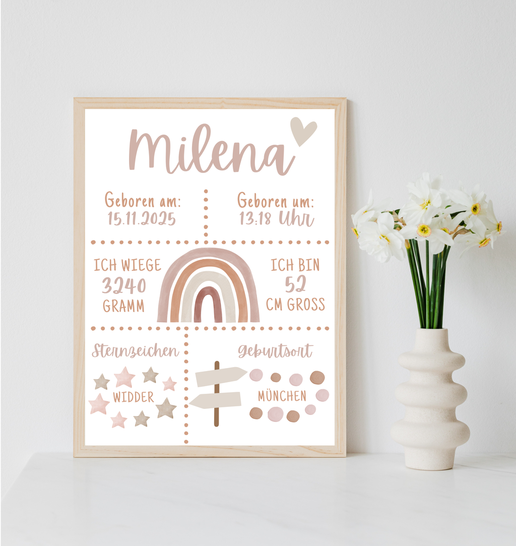 Personalisiertes Poster zur Geburt mit Geburtsdaten und Regenbogen als PDF Datei, ausgedruckt in A4 oder mit Premium Bilderrahmen