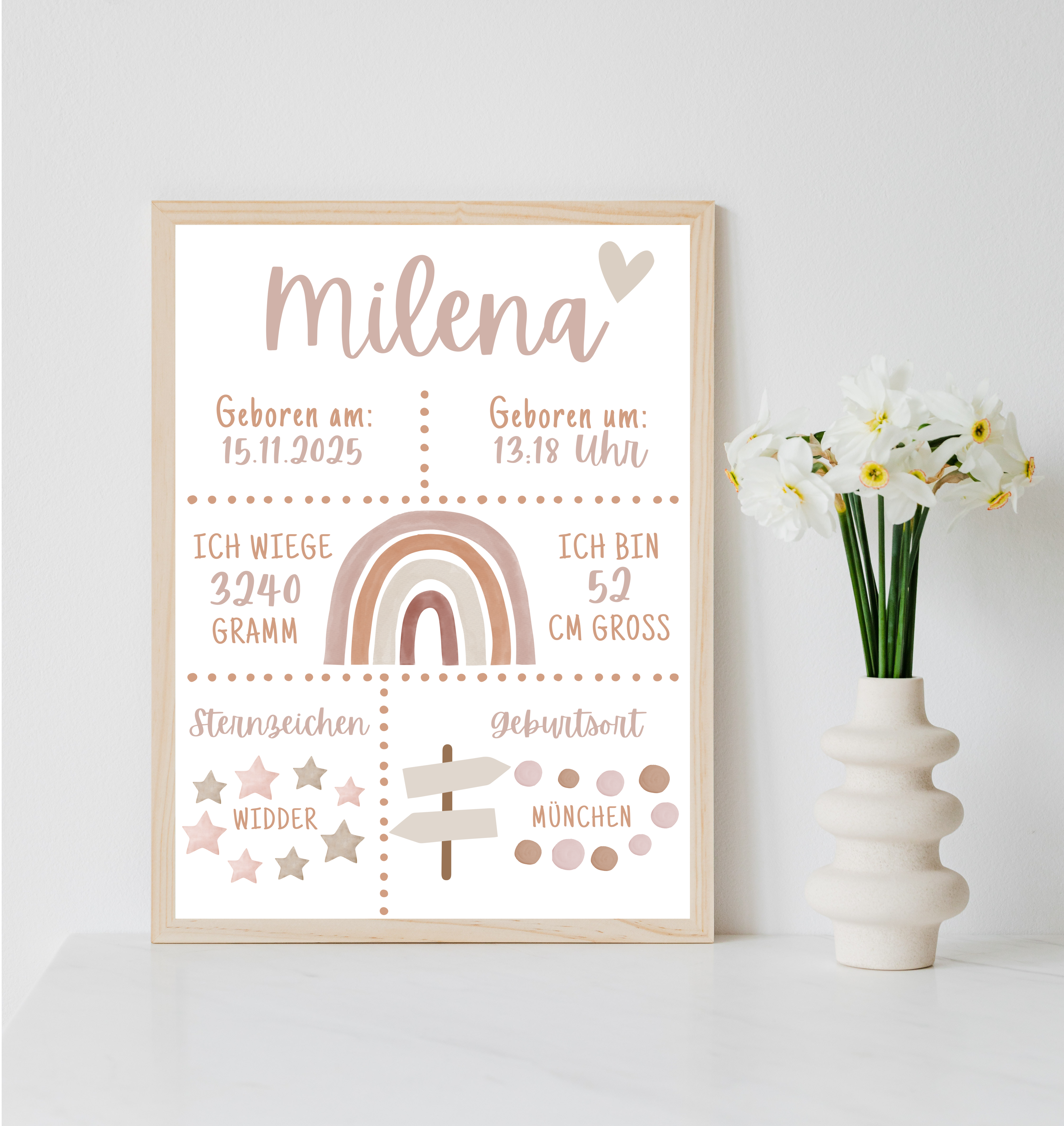 Personalisiertes Poster zur Geburt mit Geburtsdaten und Regenbogen als PDF Datei, ausgedruckt in A4 oder mit Premium Bilderrahmen