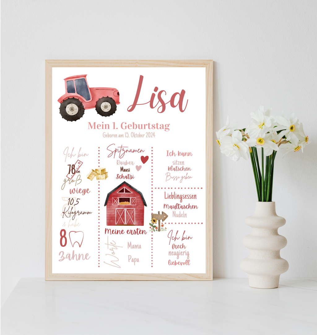 Personalisiertes Meilensteinposter zum ersten Geburtstag Bauernhof als PDF Datei, ausgedruckt in A4 oder mit Premium Bilderrahmen