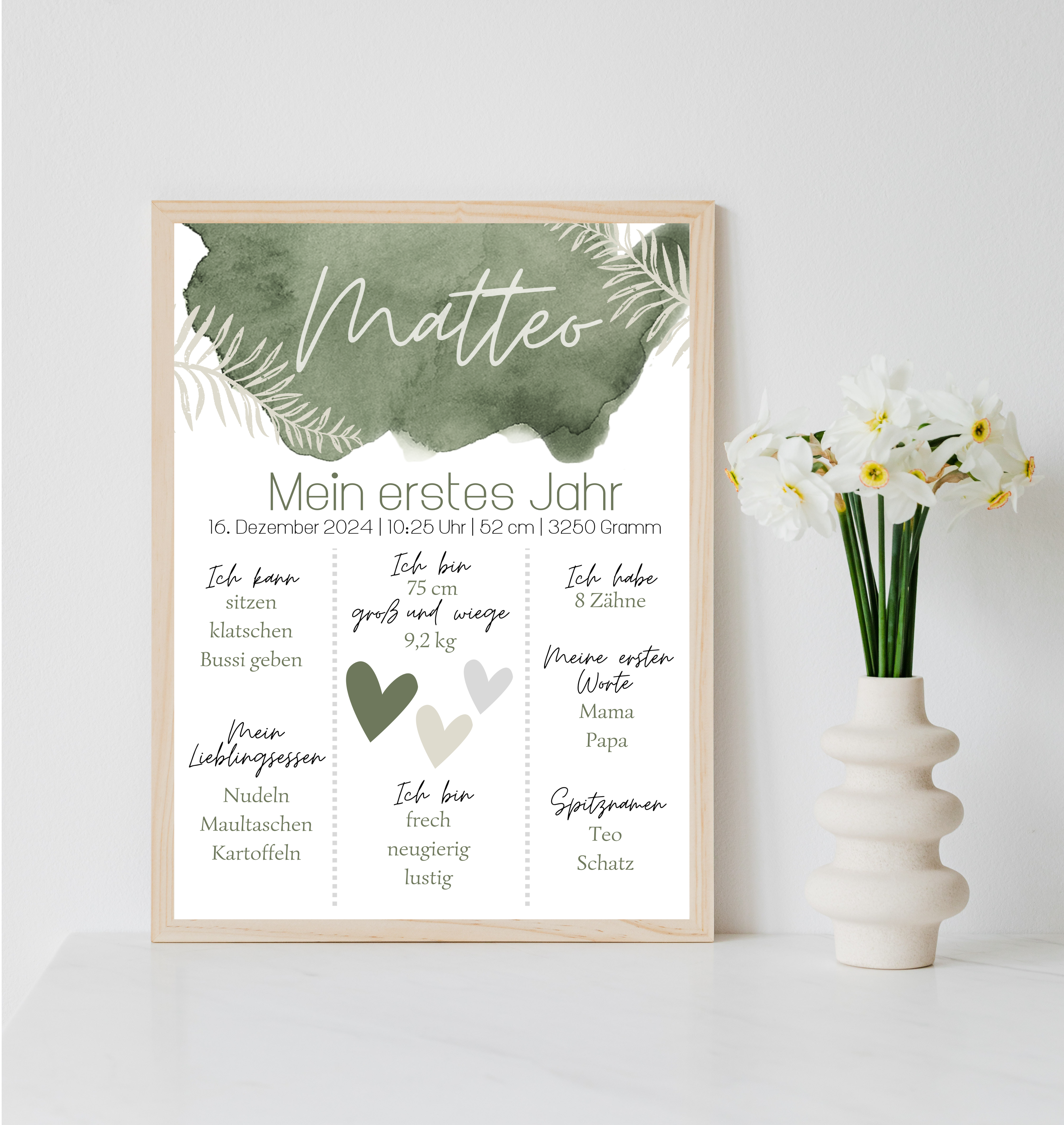 Personalisiertes Meilensteinposter zum ersten Geburtstag als PDF Datei, ausgedruckt in A4 oder mit Premium Bilderrahmen (Kopie)