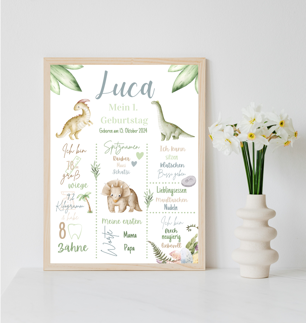 Personalisiertes Meilensteinposter zum ersten Geburtstag mit Dinosaurier als PDF Datei, ausgedruckt in A4 oder mit Premium Bilderrahmen