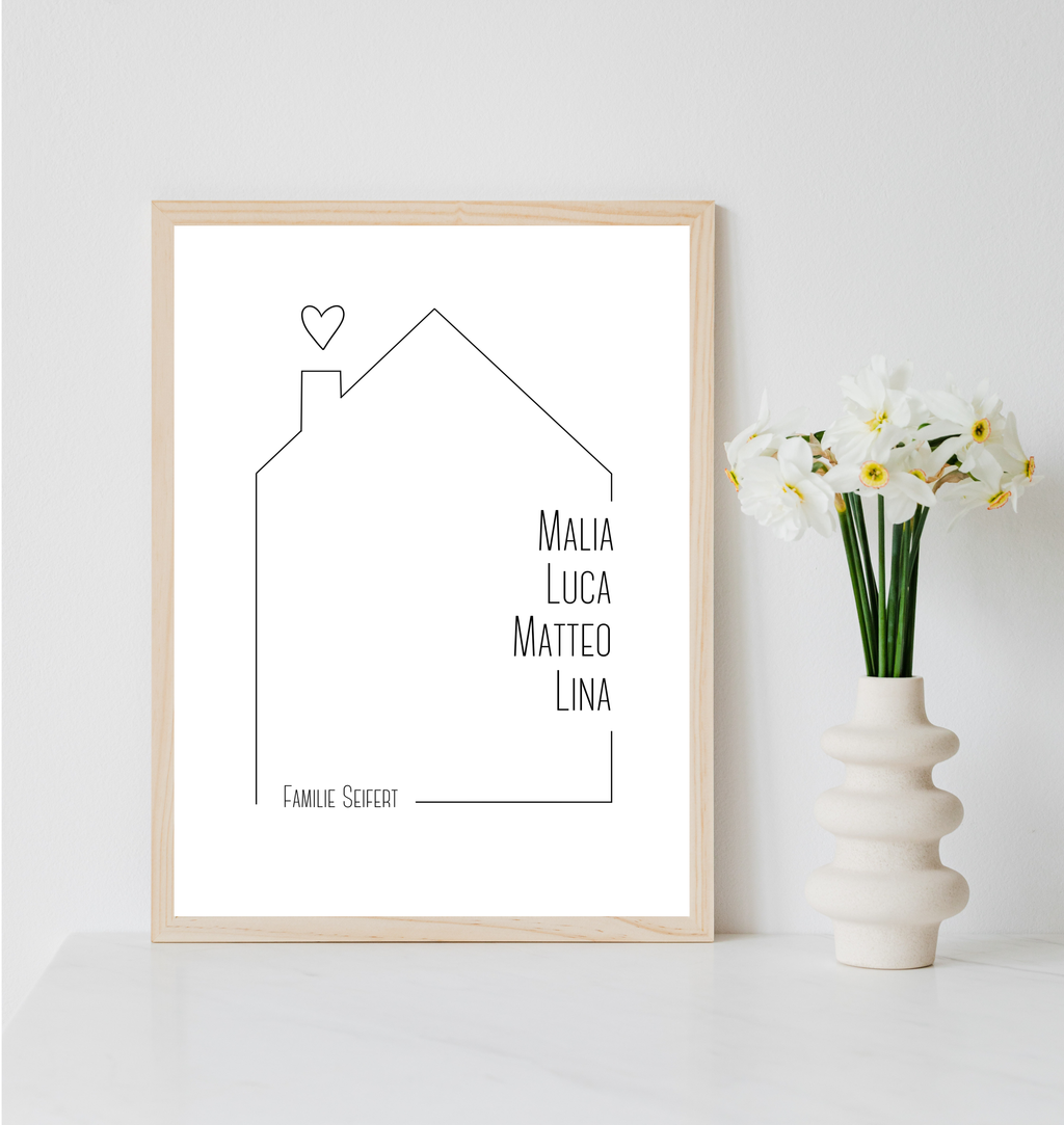 Personalisiertes Familienposter mit Namen & Haus als PDF Datei, ausgedruckt A4 oder mit Premium Bilderrahmen