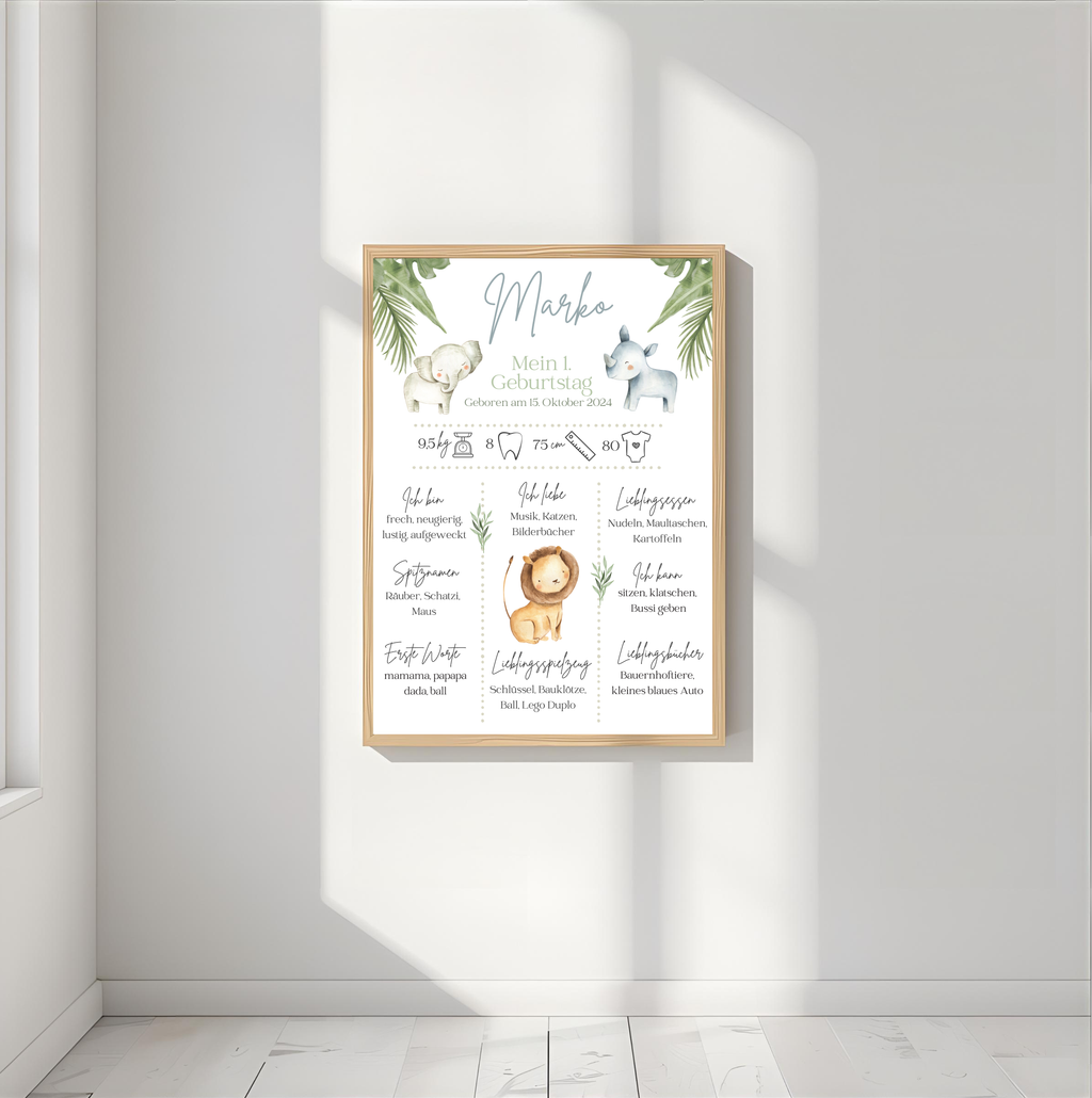 Personalisiertes Meilensteinposter zum ersten Geburtstag mit Safari Tiere als PDF Datei, ausgedruckt A4 oder mit Premium Bilderrahmen
