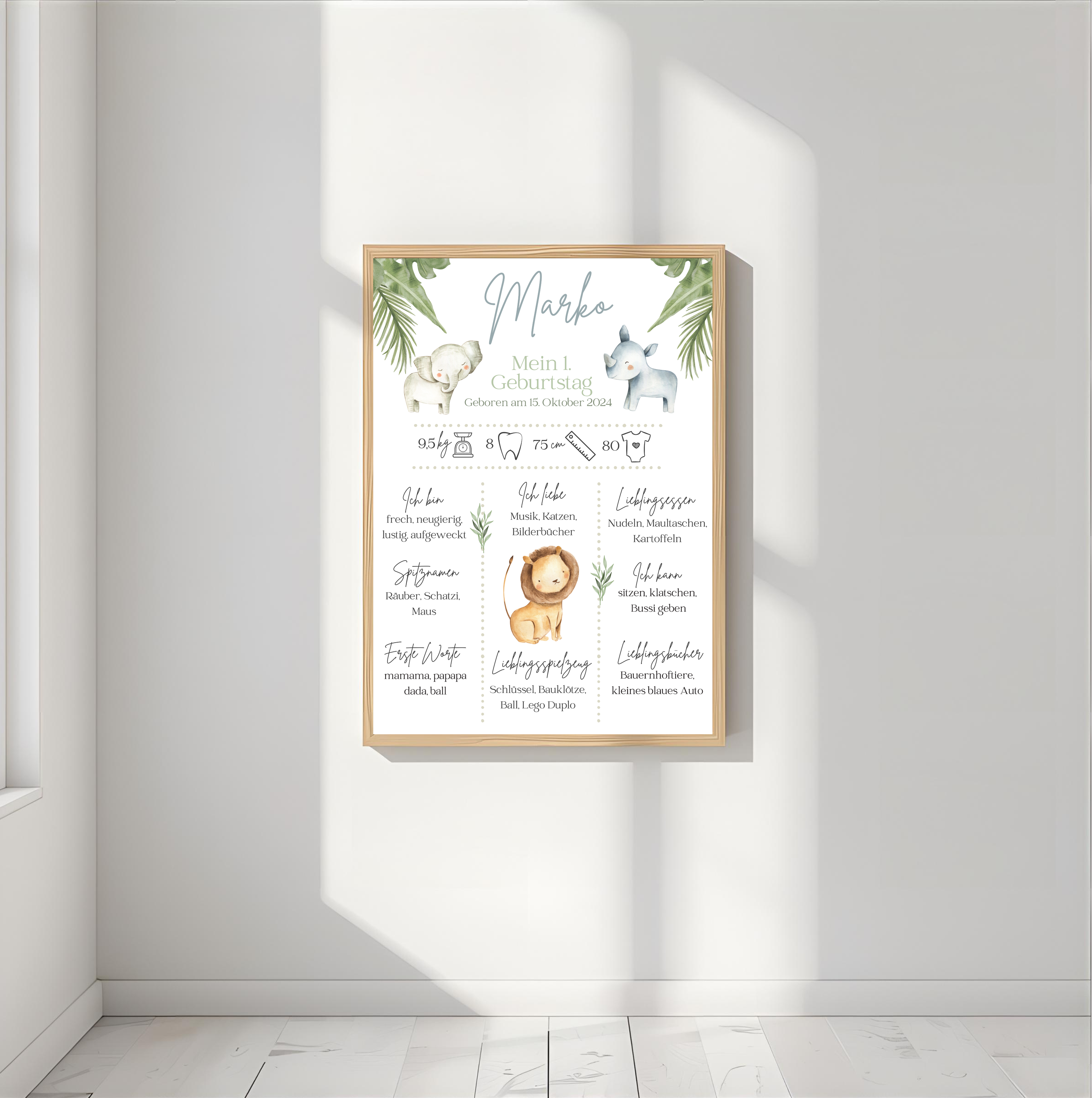Personalisiertes Meilensteinposter zum ersten Geburtstag mit Safari Tiere als PDF Datei, ausgedruckt A4 oder mit Premium Bilderrahmen