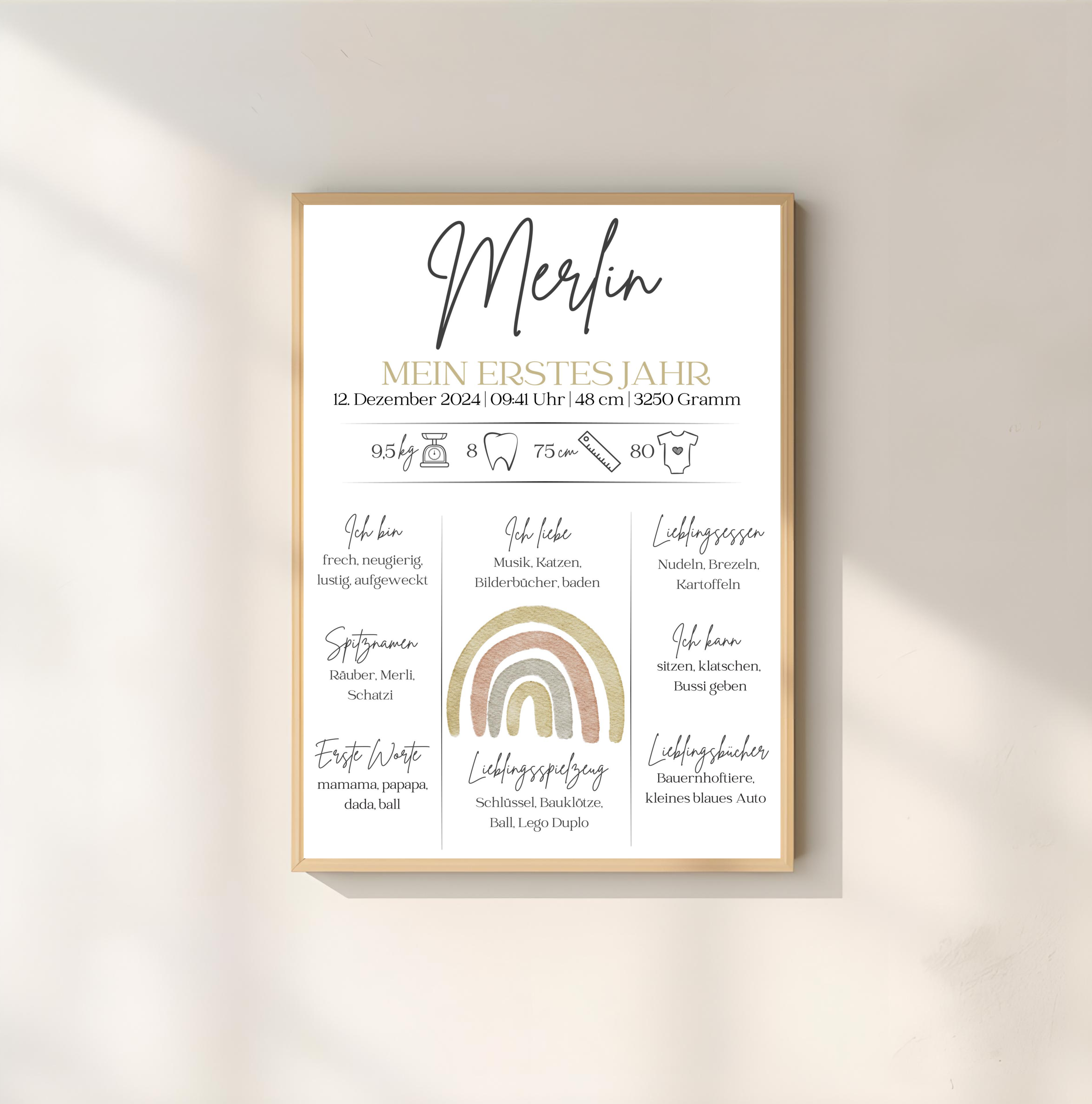 Personalisiertes Meilensteinposter zum ersten Geburtstag mit Regenbogen als PDF Datei, ausgedruckt in A4 oder mit Premium Bilderrahmen