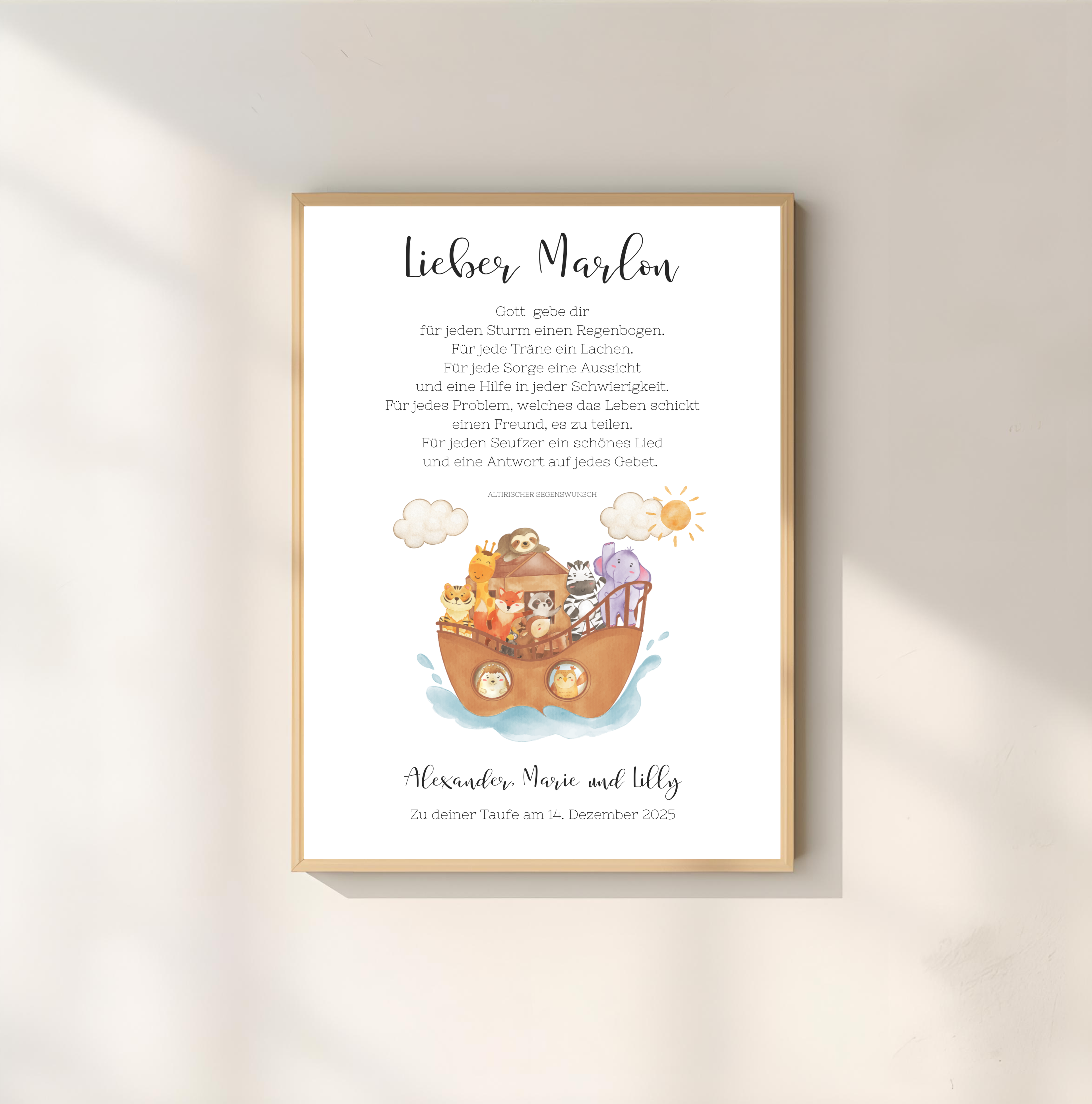 Personalisiertes Poster zur Taufe | Taufgeschenk Arche Noah als PDF Datei, ausgedruckt in A4 oder mit Premium Bilderrahmen