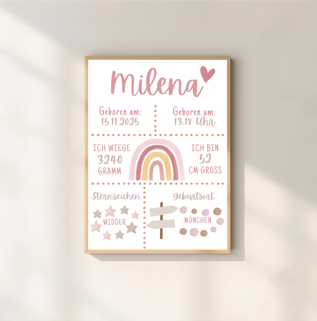 Personalisiertes Poster zur Geburt mit Geburtsdaten und Regenbogen als PDF Datei, ausgedruckt in A4 oder mit Premium Bilderrahmen