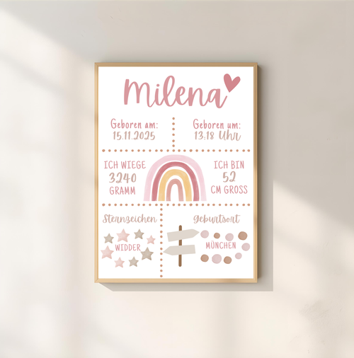 Personalisiertes Poster zur Geburt mit Geburtsdaten und Regenbogen als PDF Datei, ausgedruckt in A4 oder mit Premium Bilderrahmen