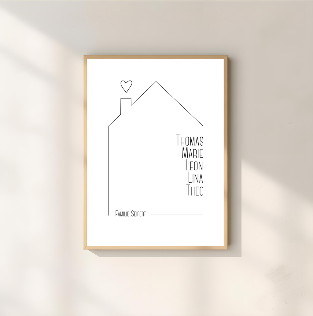 Personalisiertes Familienposter mit Namen & Haus als PDF Datei, ausgedruckt A4 oder mit Premium Bilderrahmen