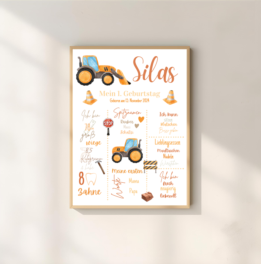 Personalisiertes Meilensteinposter zum ersten Geburtstag Baustelle Traktor als PDF Datei, ausgedruckt in A4 oder mit Premium Bilderrahmen