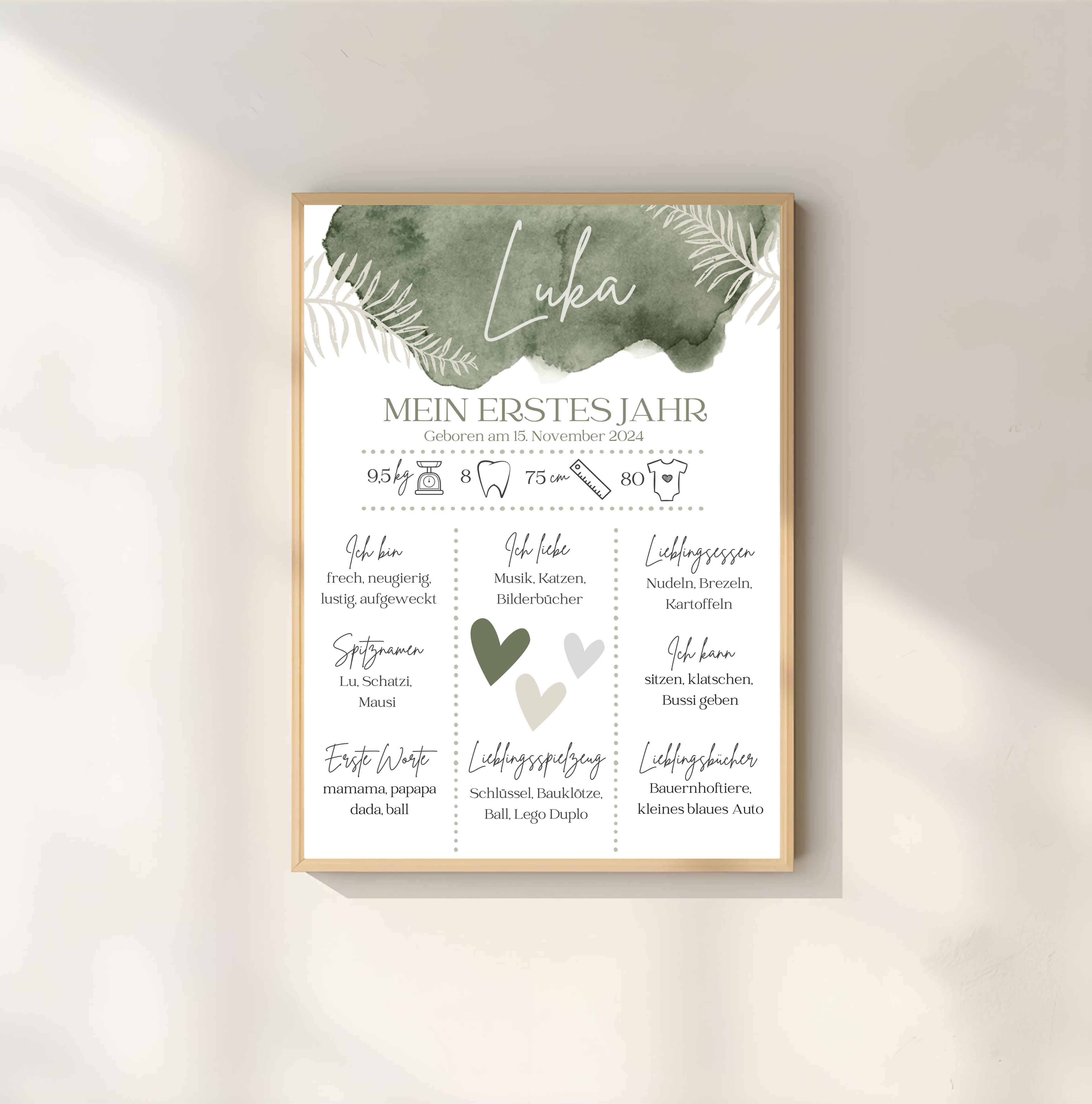 Personalisiertes Meilensteinposter zum ersten Geburtstag als PDF Datei, ausgedruckt in A4 oder mit Premium Bilderrahmen