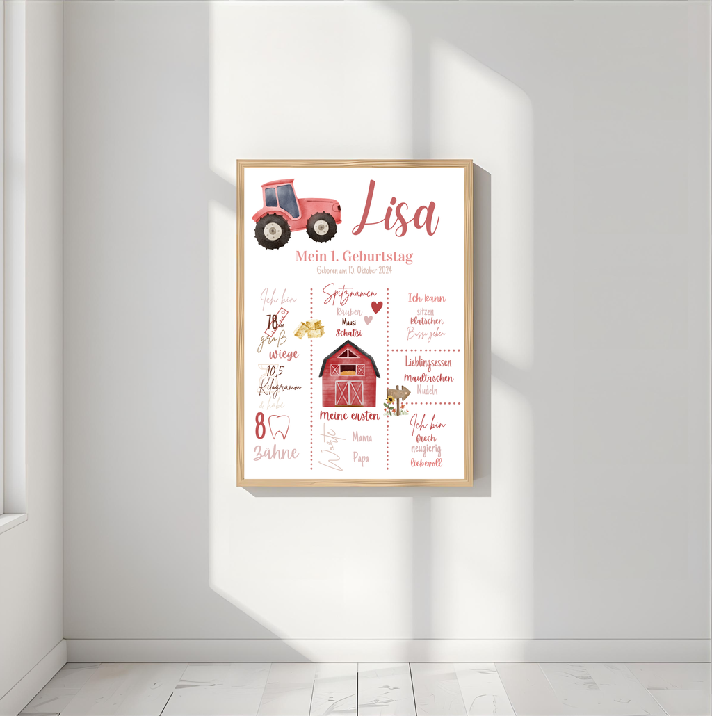 Personalisiertes Meilensteinposter zum ersten Geburtstag Bauernhof als PDF Datei, ausgedruckt in A4 oder mit Premium Bilderrahmen