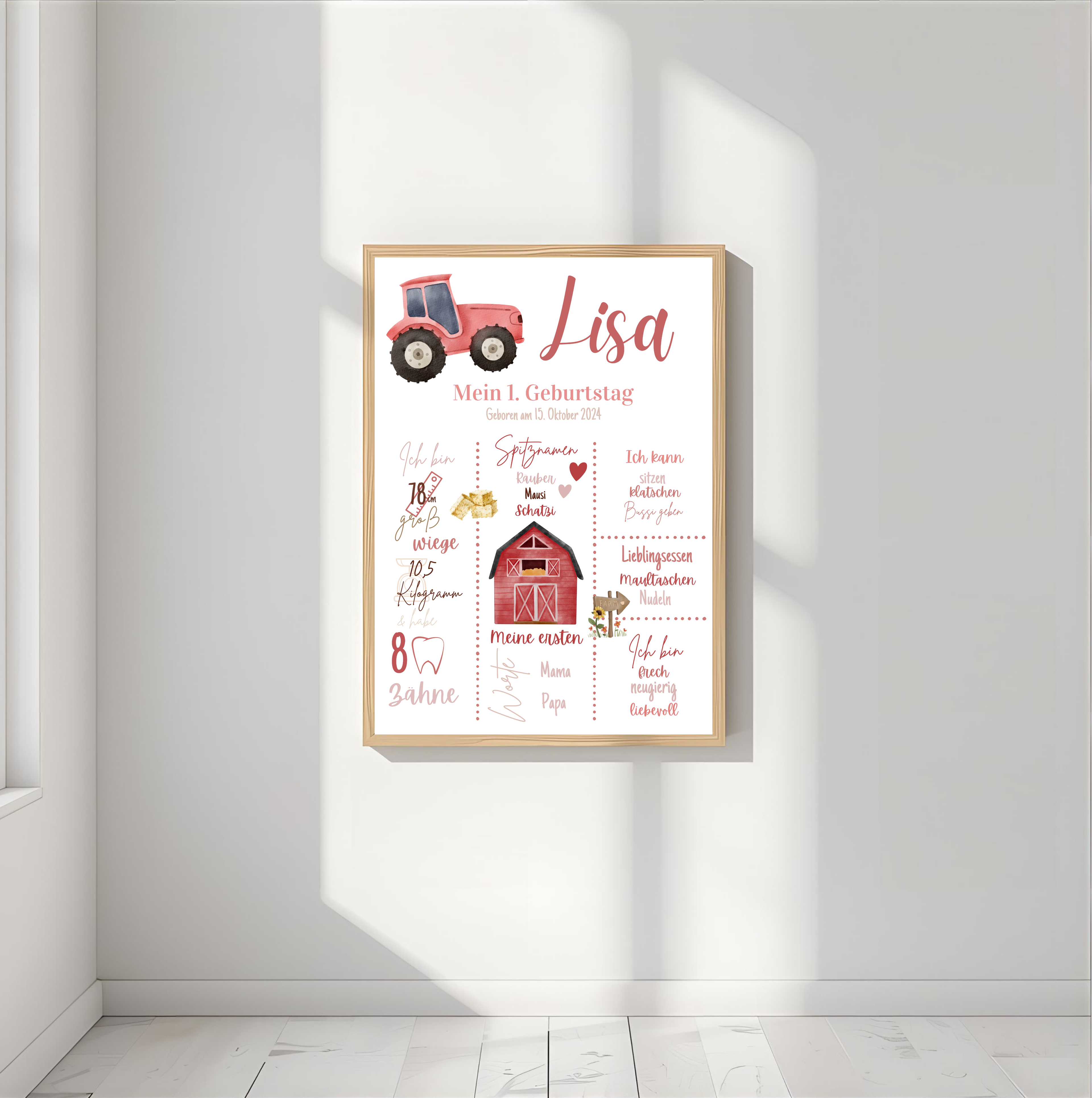 Personalisiertes Meilensteinposter zum ersten Geburtstag Bauernhof als PDF Datei, ausgedruckt in A4 oder mit Premium Bilderrahmen
